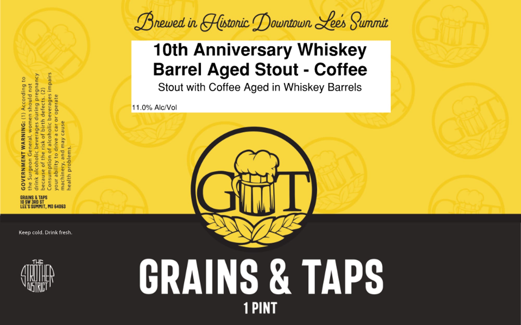 10th Anniversary Whiskey Barrel Aged Stout - Coffee by Grains & Taps - beer label