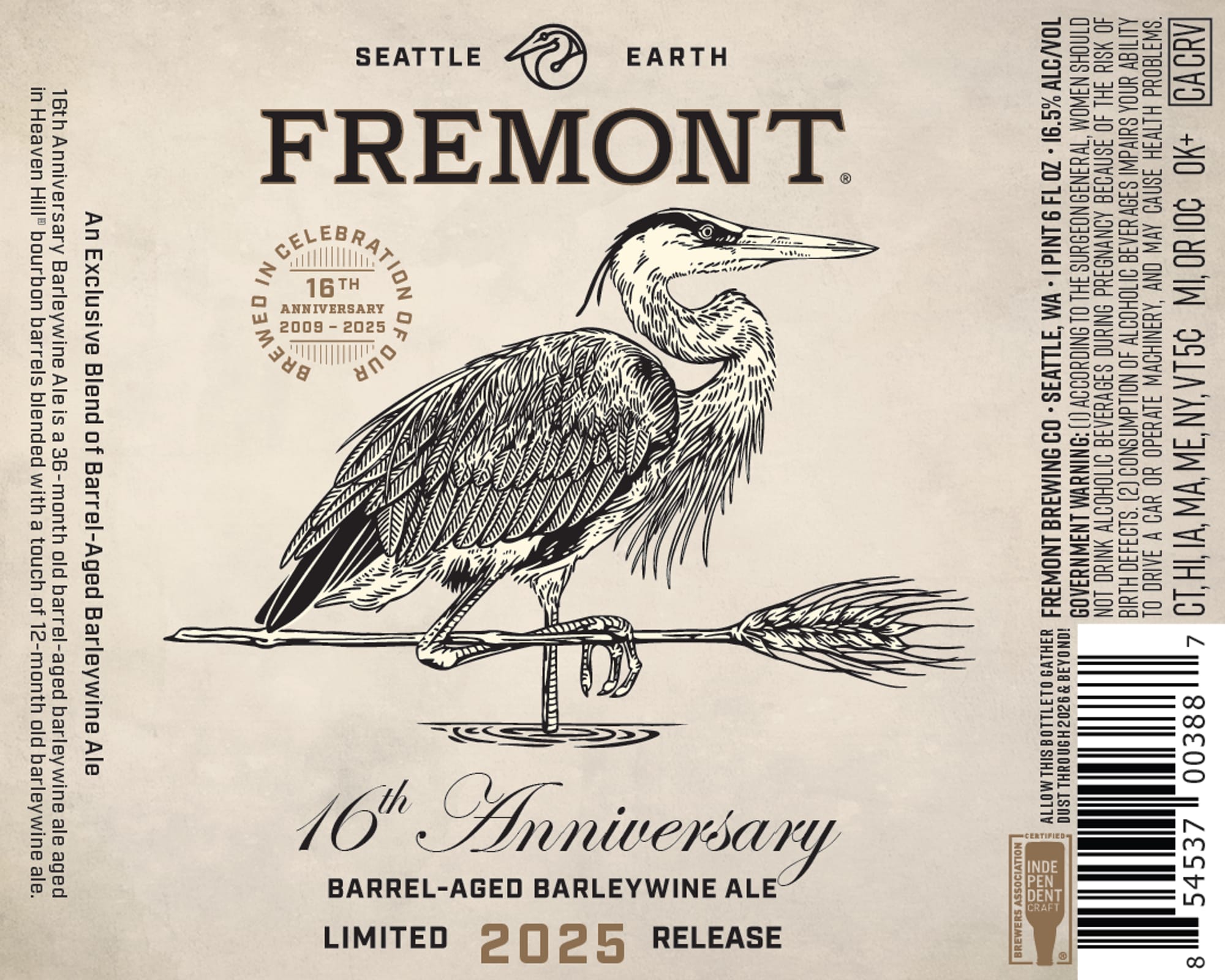 16th Anniversary Barrel-Aged Barleywine Ale by Fremont Brewing - beer label