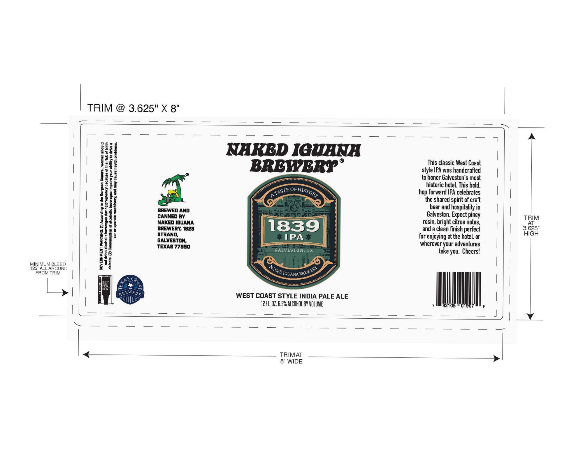 1839 IPA by Naked Iguana Brewery - beer label