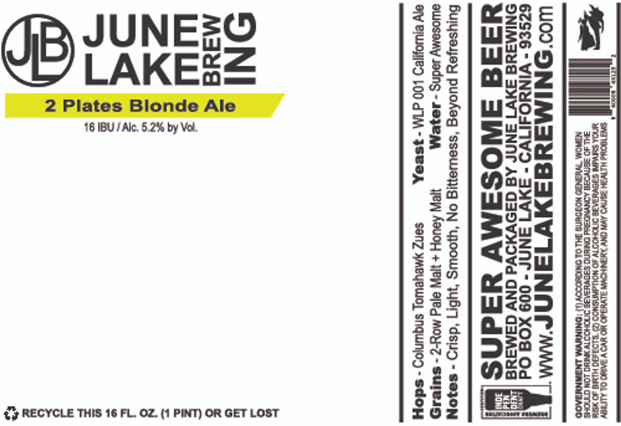 2 Plates Blonde Ale by June Lake Brewing - beer label