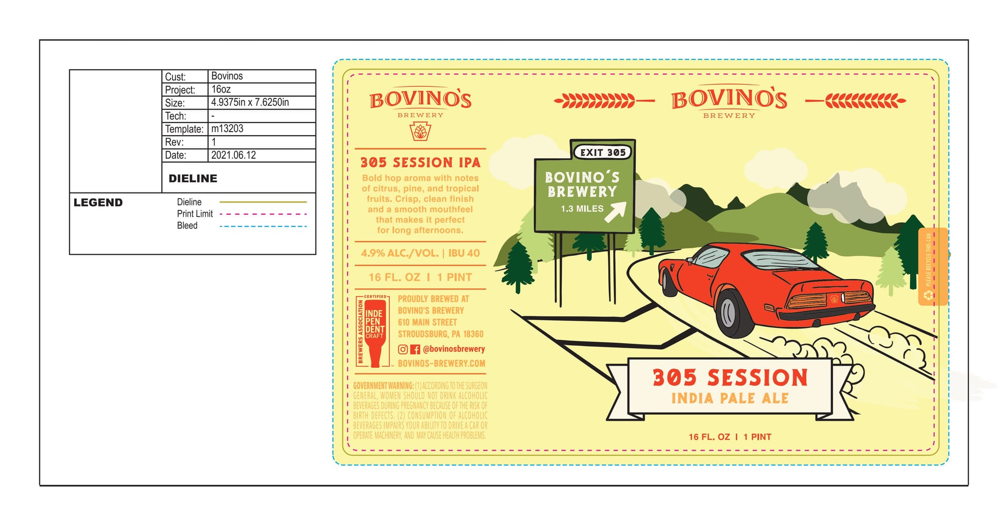 305 Session IPA by Bovino’s Brewery - beer label