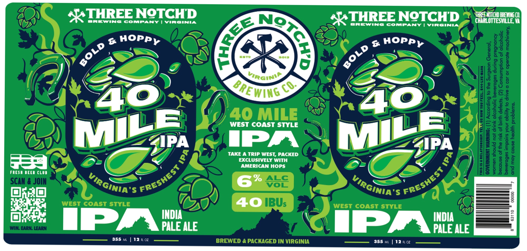 40 Mile IPA by Three Notch’d Brewing Company - beer label