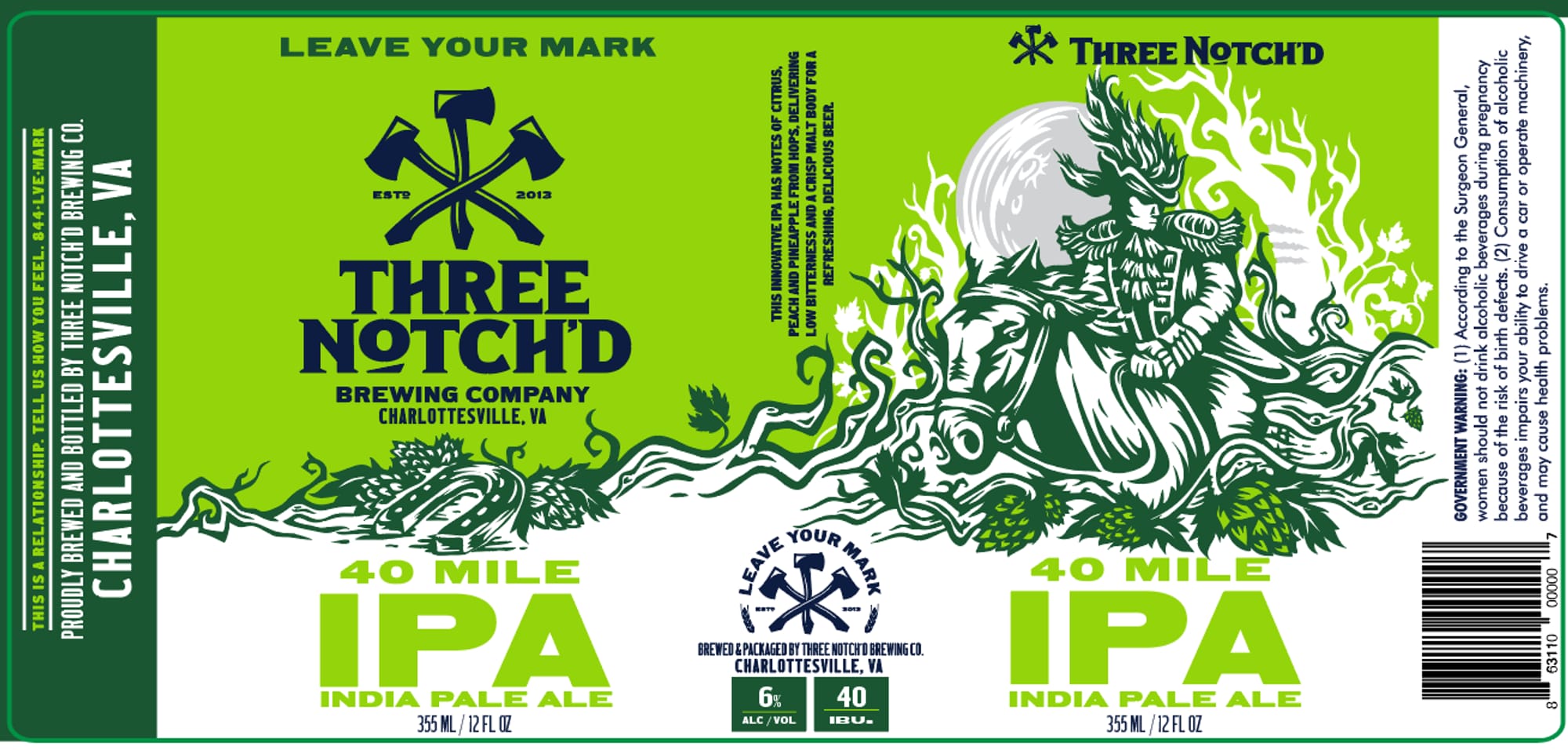 40 Mile IPA by Three Notch’d Brewing Company - beer label