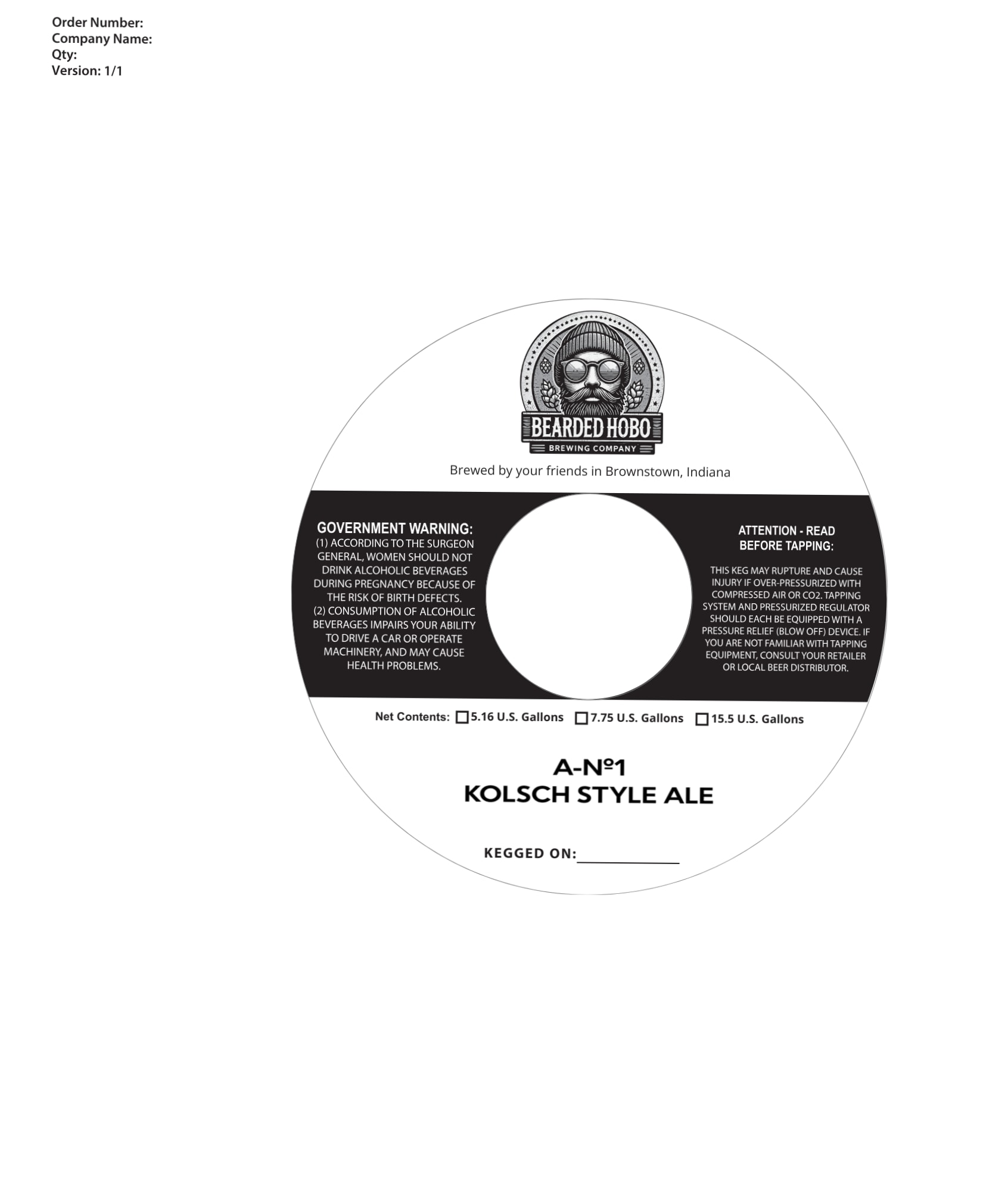 A-No. 1 by Bearded Hobo Brewing Company - beer label