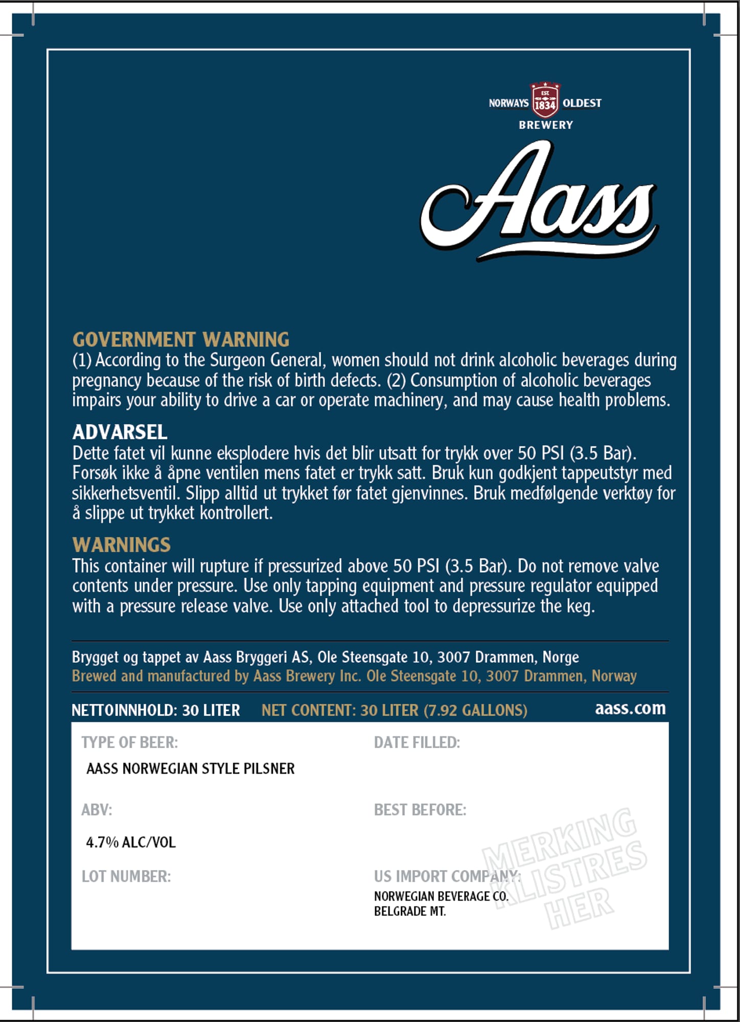 Aass Norwegian Style Pilsner by Aass Brewery Inc. - beer label
