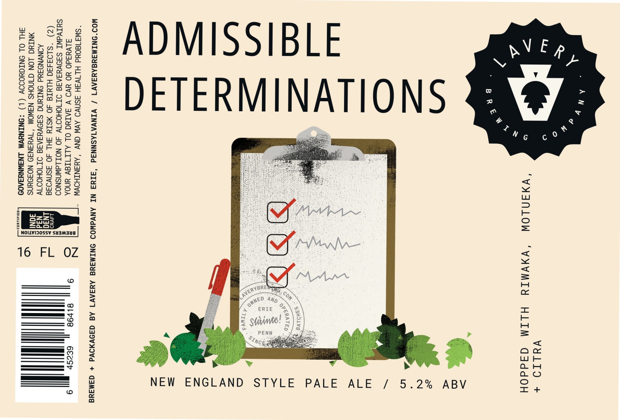 Admissible Determinations by Lavery Brewing Company - beer label
