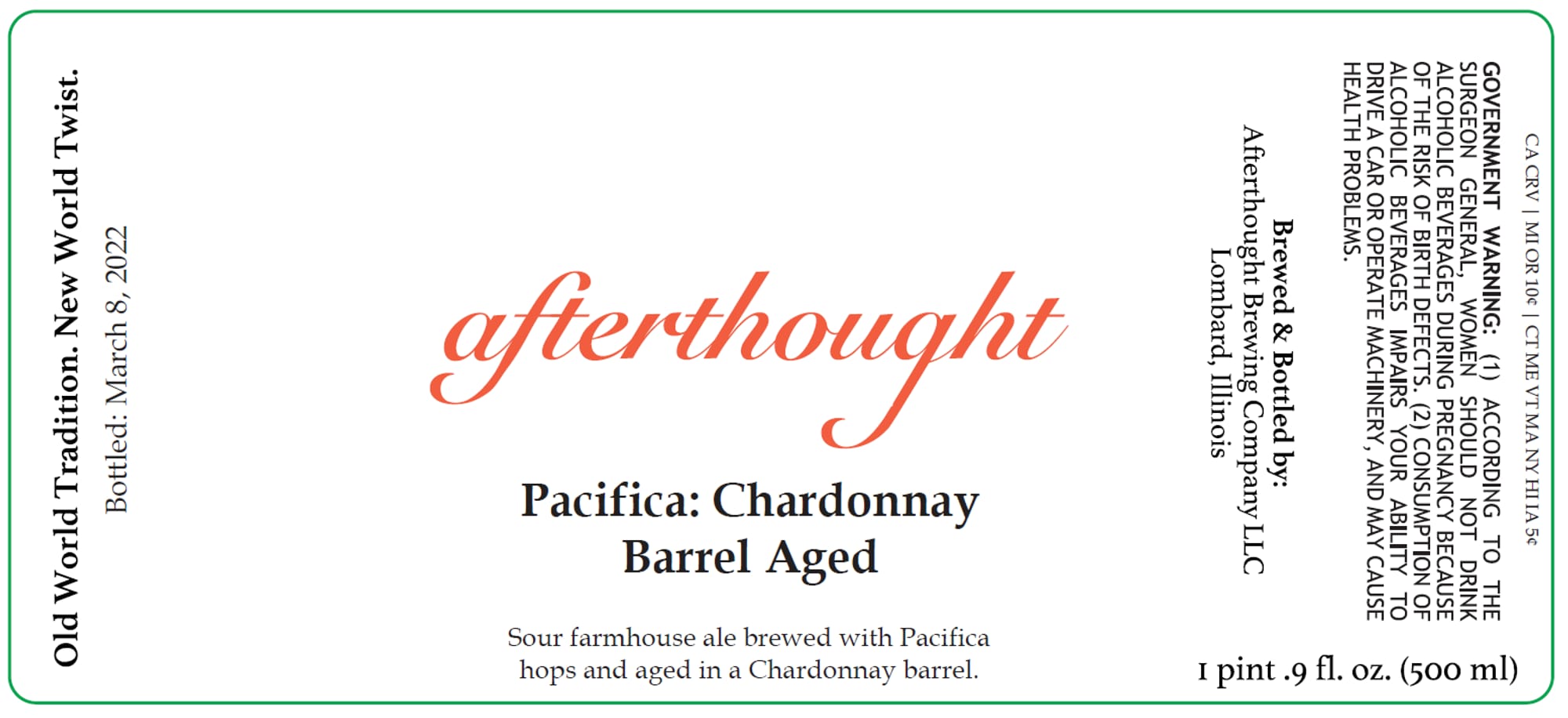 Afterthought Pacifica: Chardonnay Barrel Aged by Old World Tradition - beer label