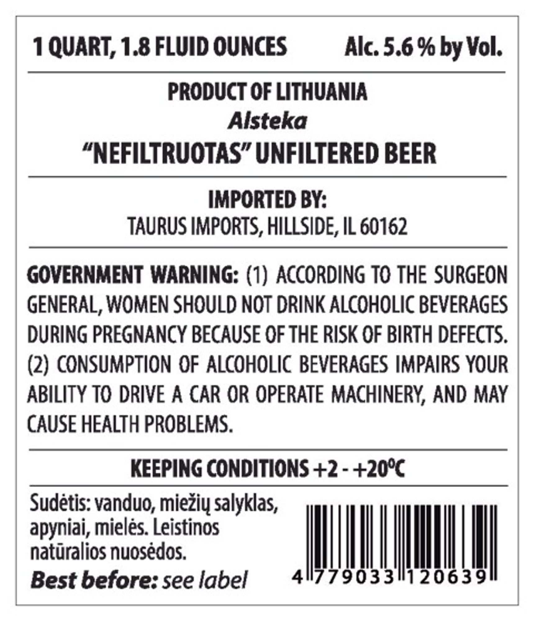 Alsteka “Nefiltruotas” Unfiltered Beer by Taurus Imports - beer label