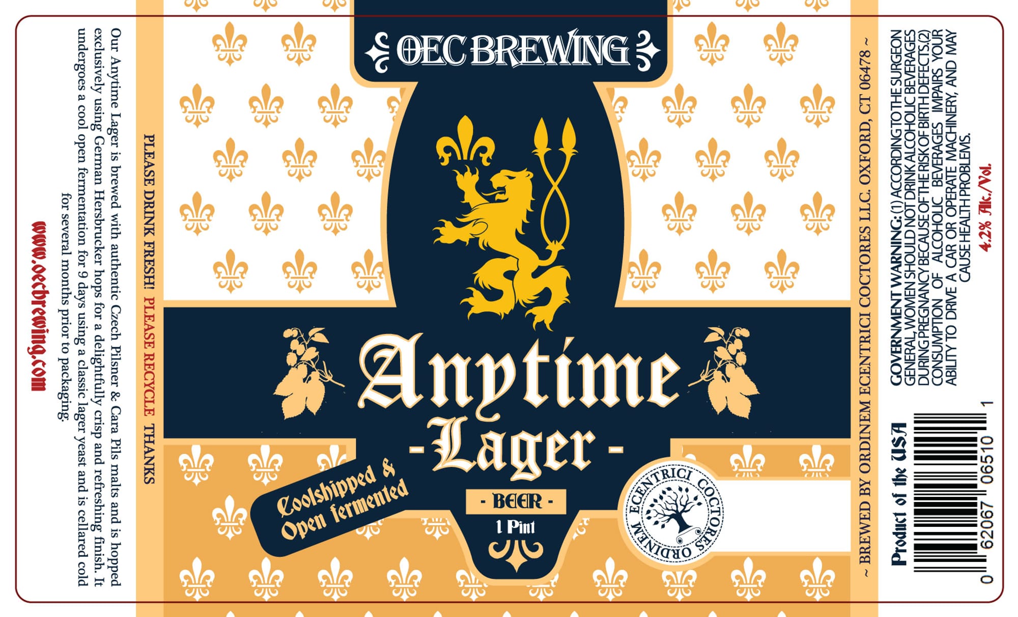 Anytime Lager by OEC Brewing - beer label