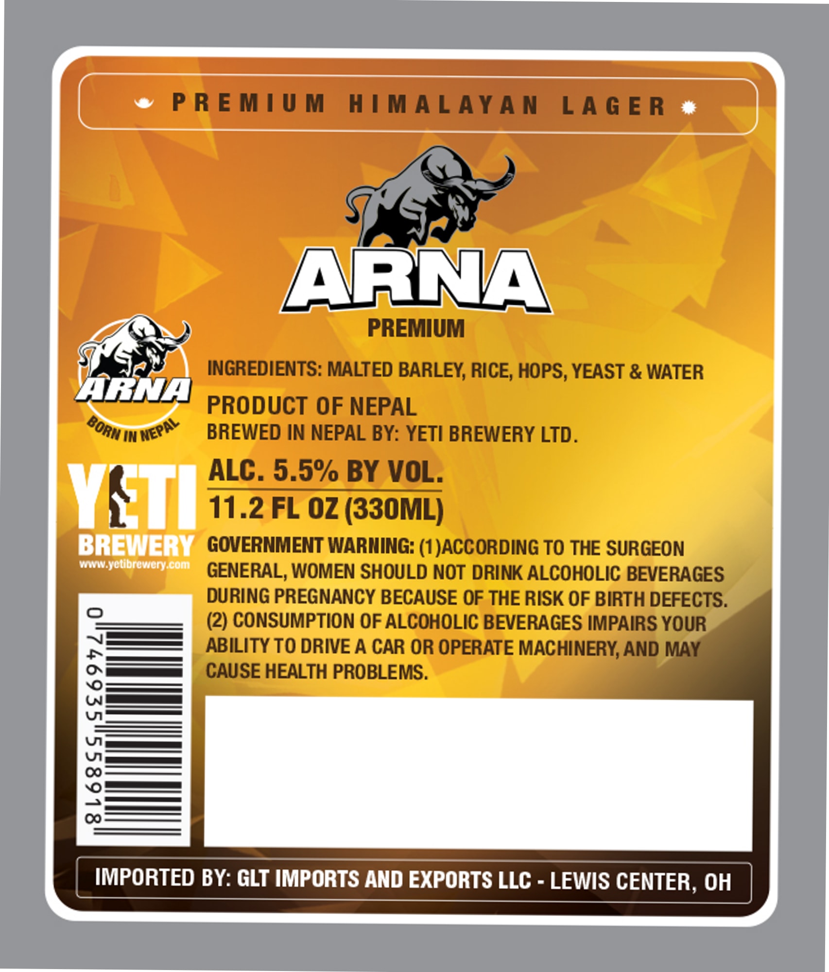 Arna Premium Himalayan Lager by Yeti Brewery Ltd. - beer label