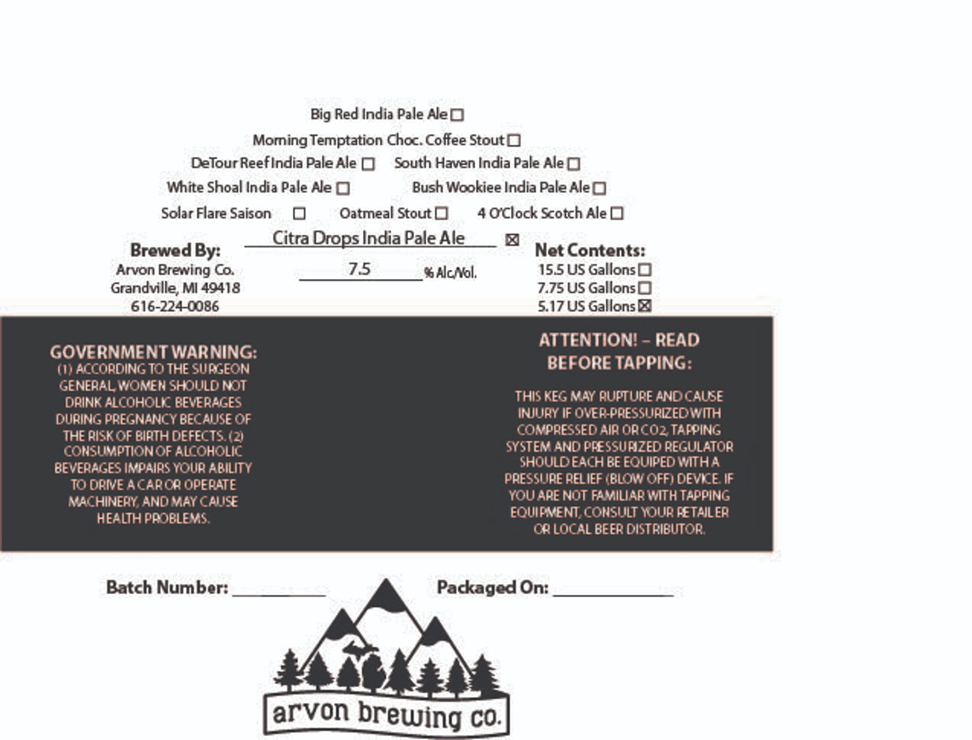 Citra Drops India Pale Ale by Arvon Brewing Co. - beer label