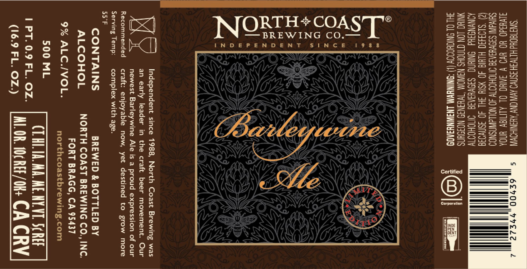 Barleywine Ale by North Coast Brewing Co. - beer label