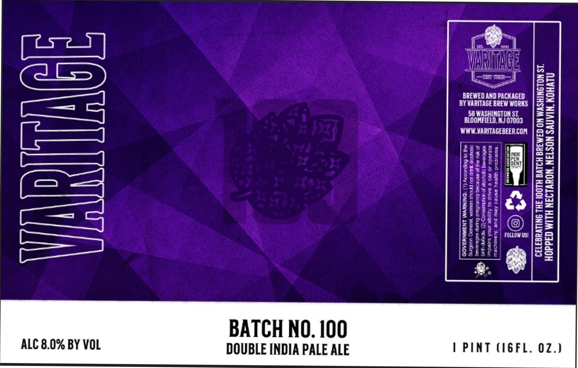 Batch No. 100 Double India Pale Ale by Varitage Brewing Works - beer label