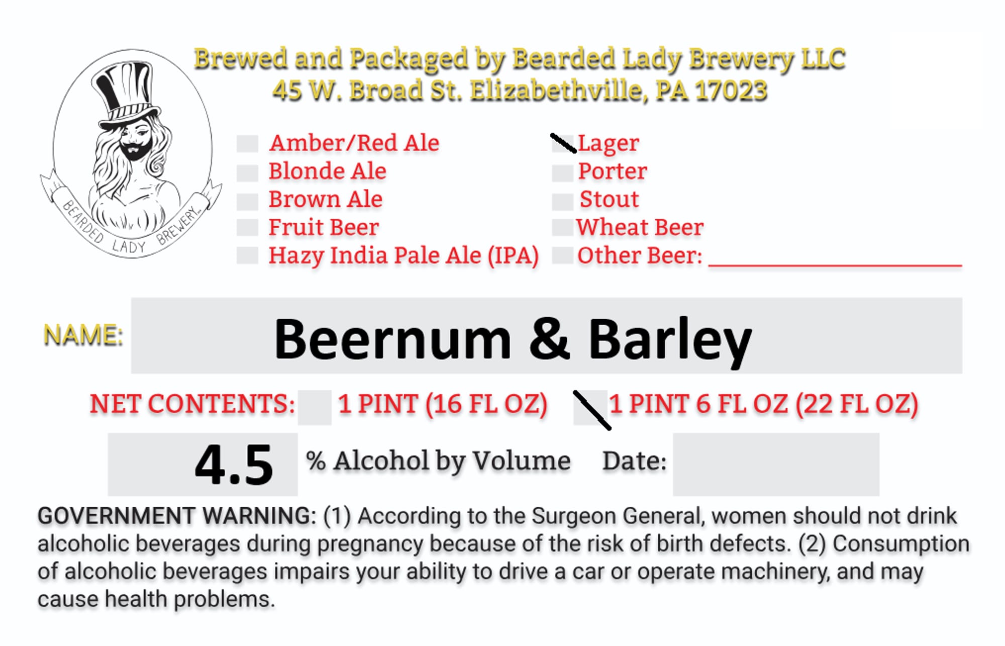 Beernum & Barley by Bearded Lady Brewery LLC - beer label