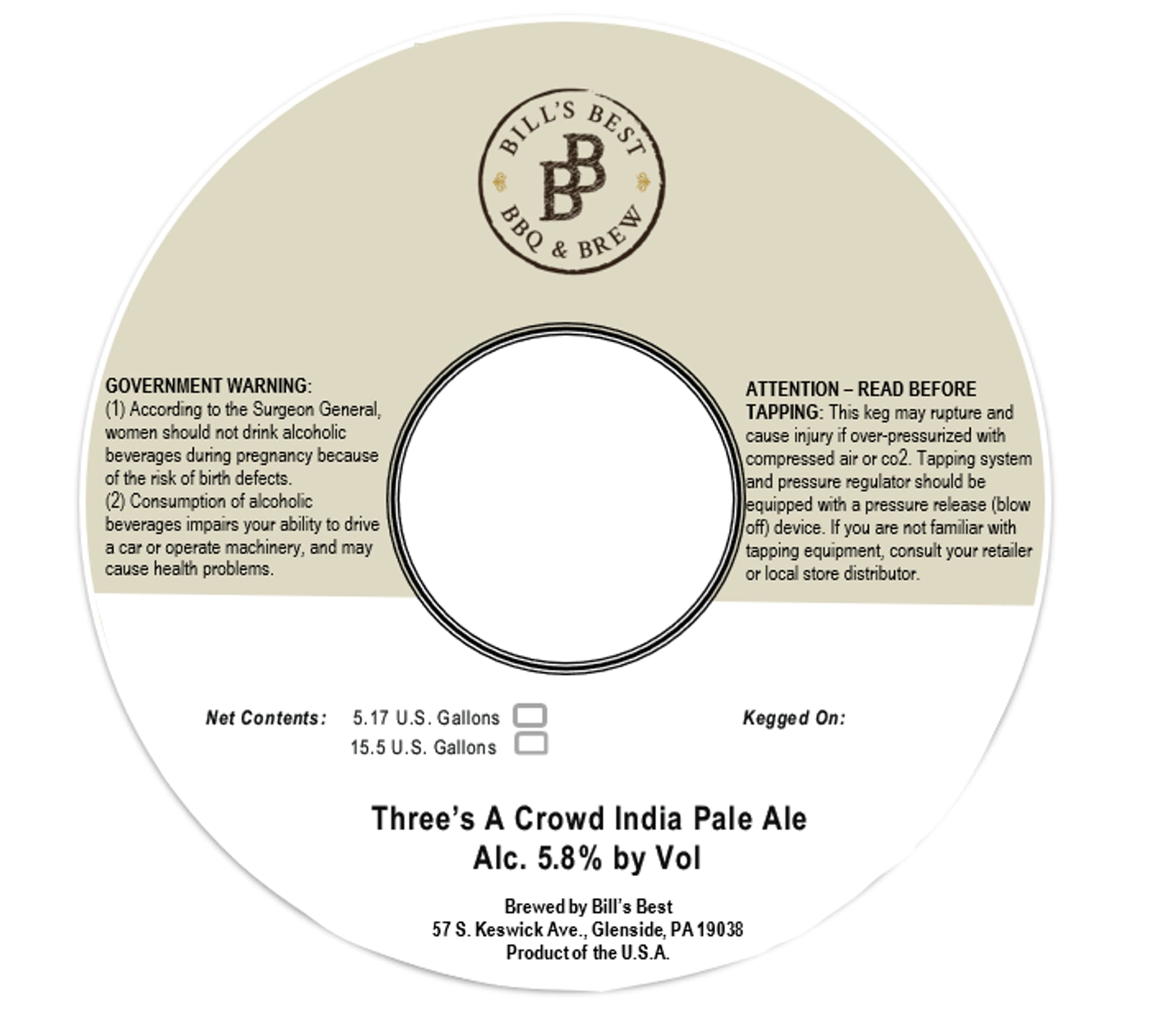 Three’s A Crowd India Pale Ale by Bill's Best BBQ & Brew - beer label