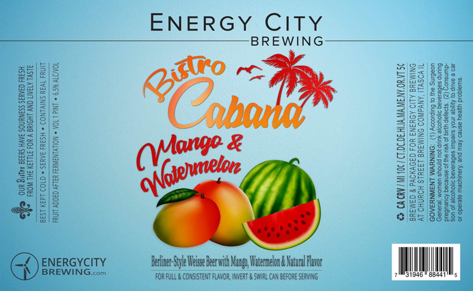 Bistro Cabana Mango & Watermelon by Energy City Brewing - beer label