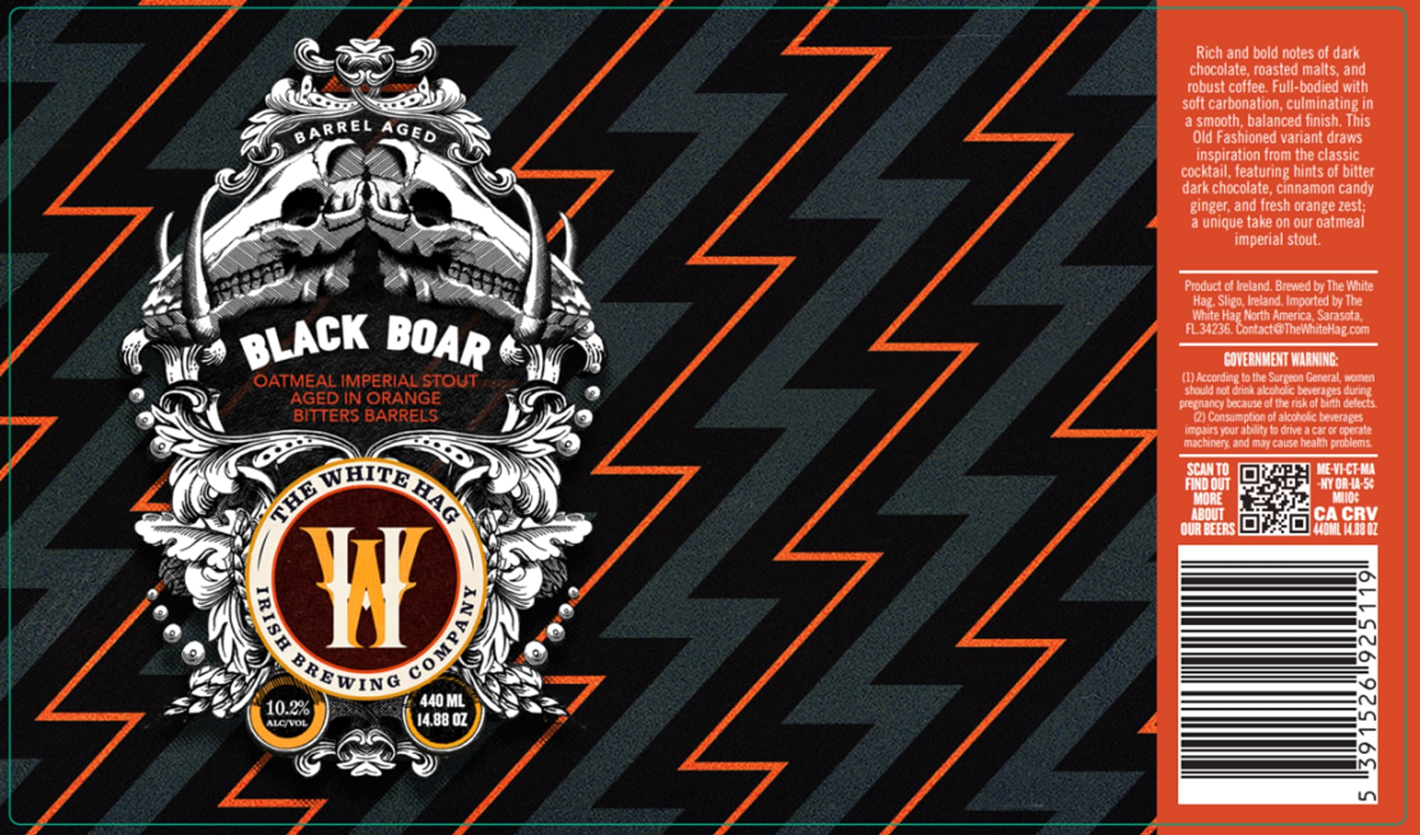 Black Boar Oatmeal Imperial Stout aged in Orange Bitters Barrels by The White Hag Brewing Company - beer label