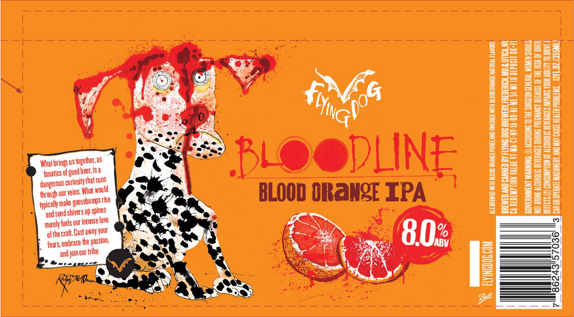 Bloodline Blood Orange IPA by Flying Dog Brewery - beer label