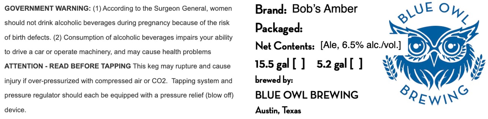 Bob's Amber by Blue Owl Brewing - beer label