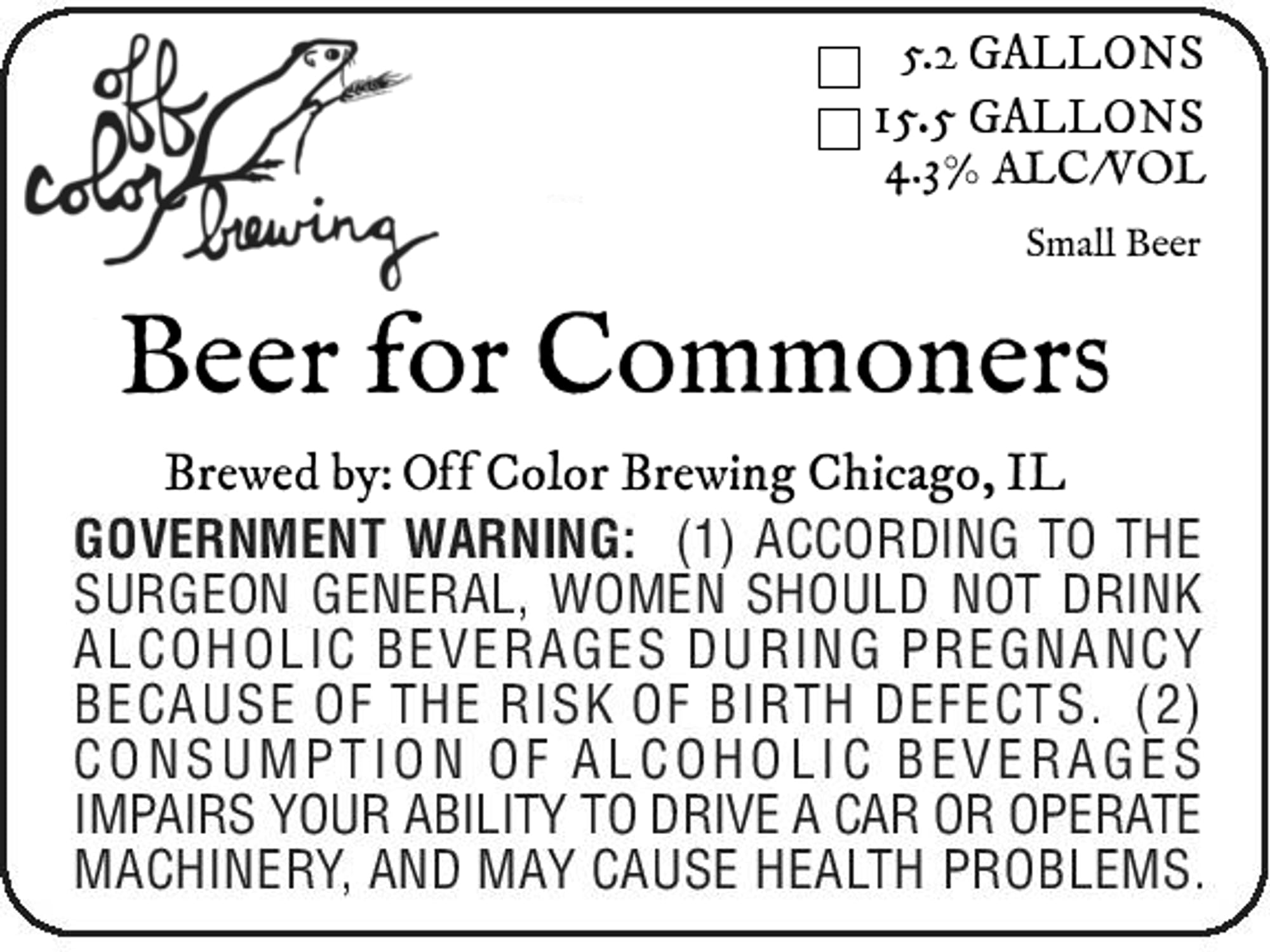 Beer for Commoners by Off Color Brewing - beer label