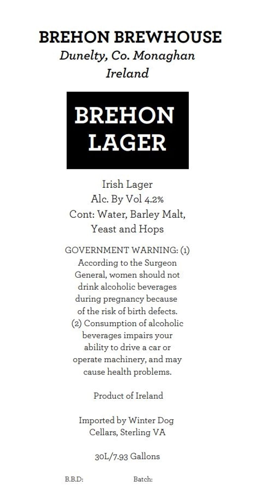Brehon Lager by Brehon Brewhouse - beer label
