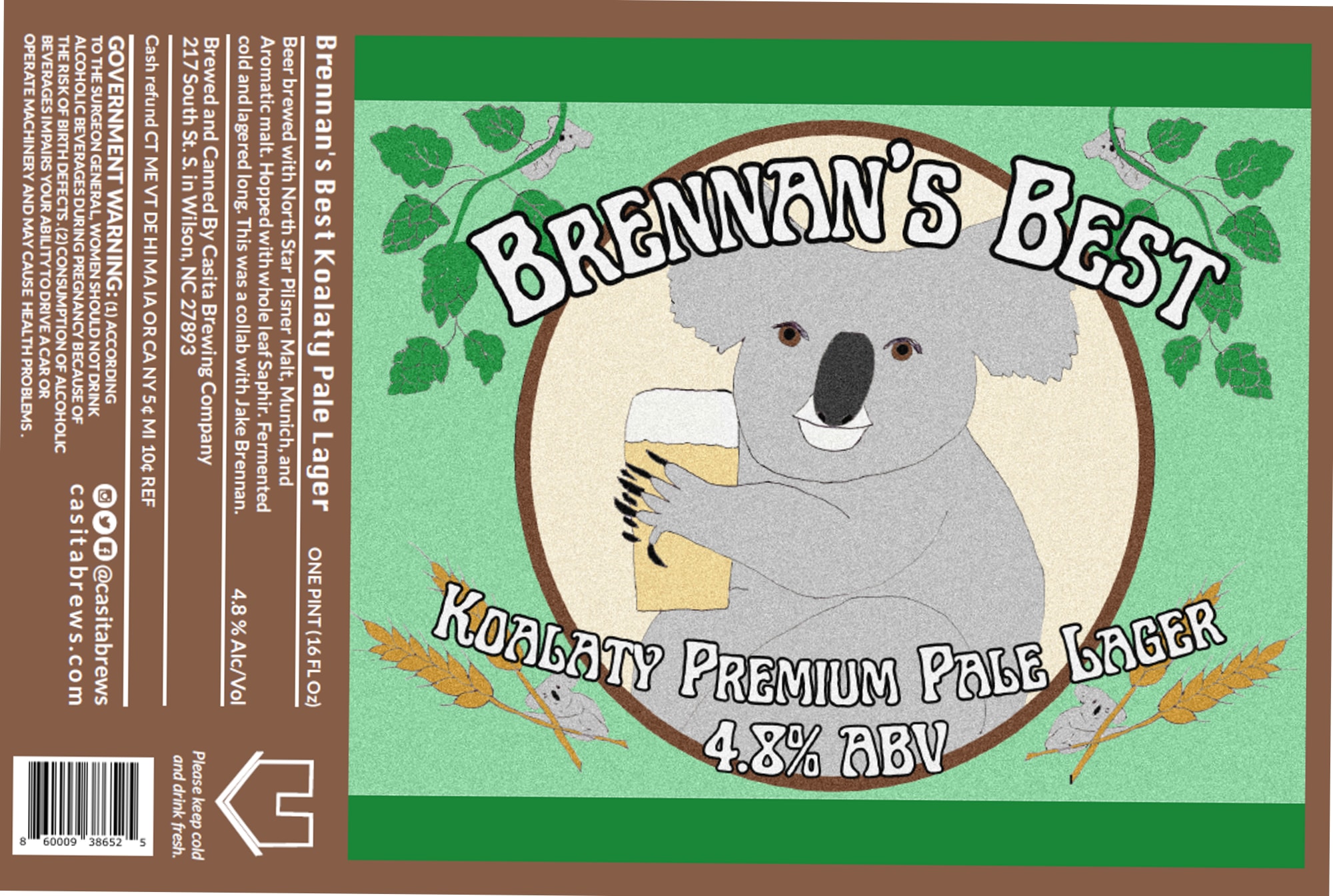 Brennan's Best Koalaty Premium Pale Lager by Casita Brewing Company - beer label