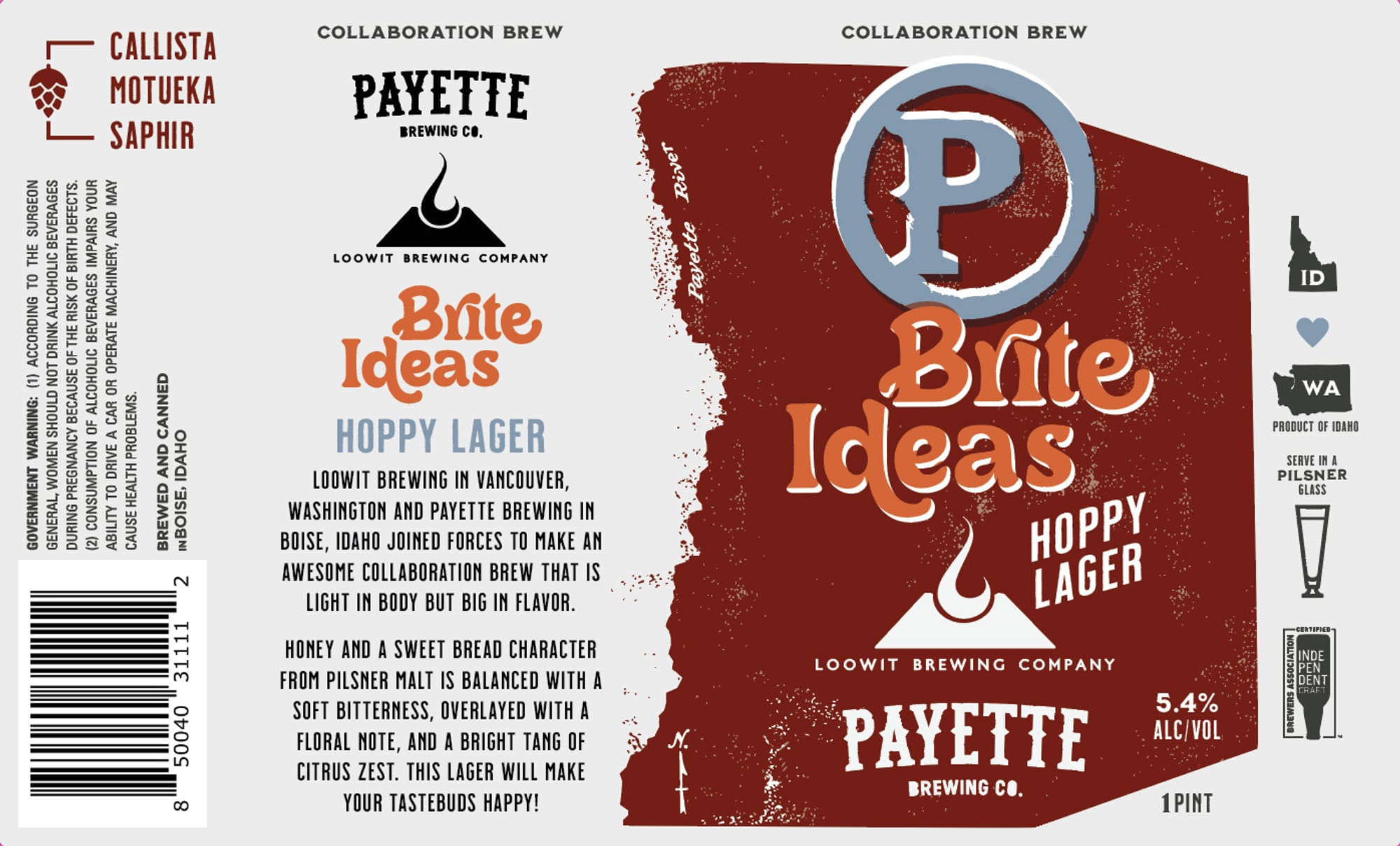 Brite Ideas by Payette Brewing Co. & Loowit Brewing Company - beer label