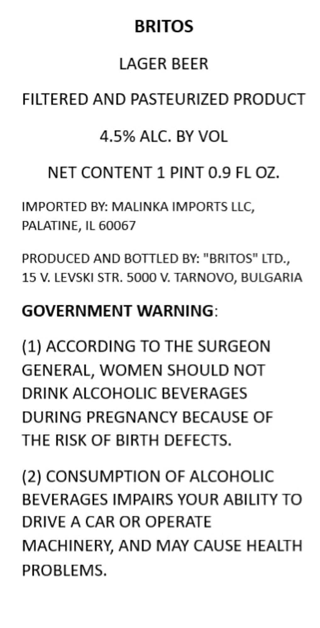 Britos Lager Beer by Britos Ltd. - beer label