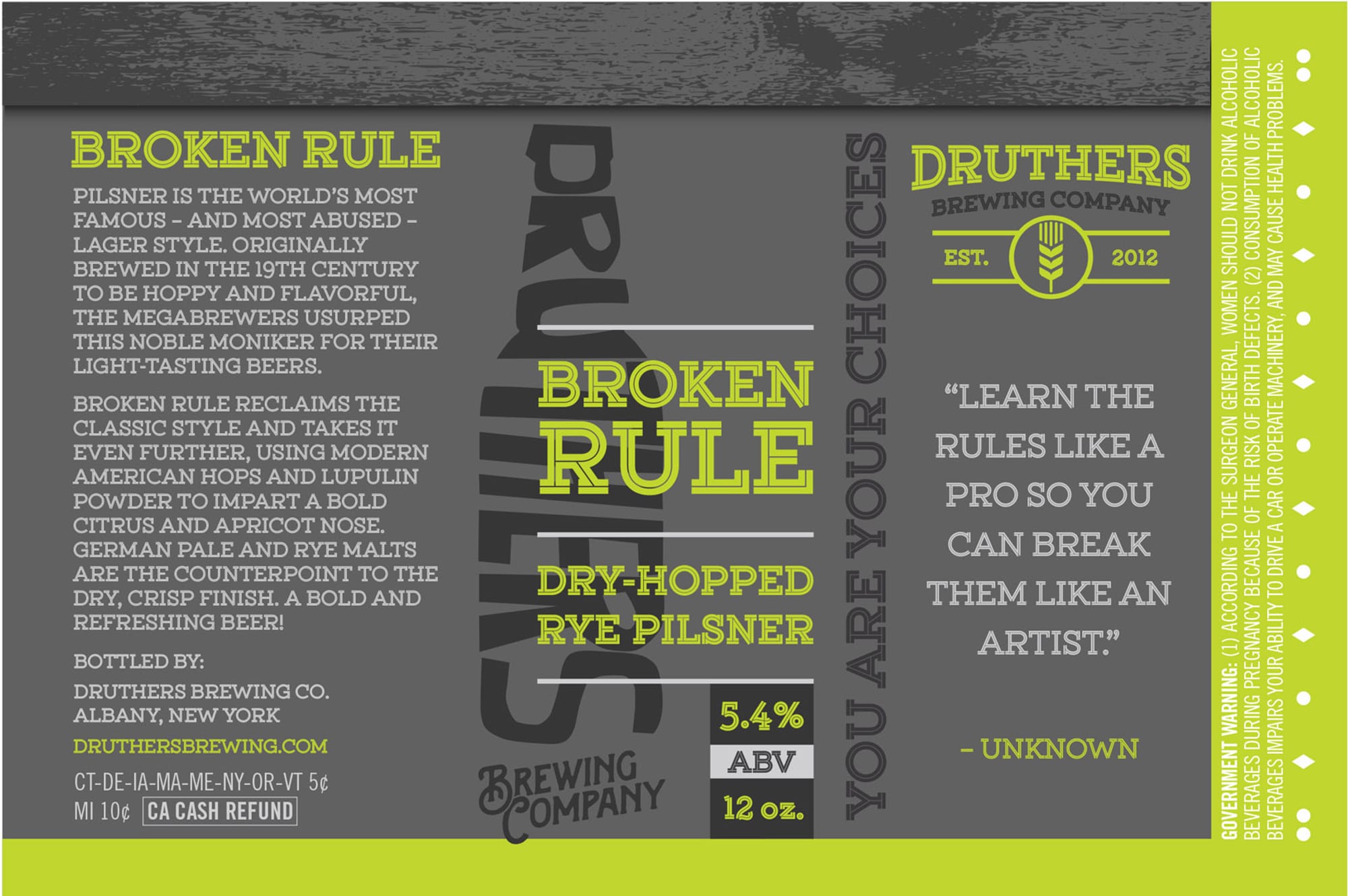 Broken Rule Dry-Hopped Rye Pilsner by Druthers Brewing Company - beer label