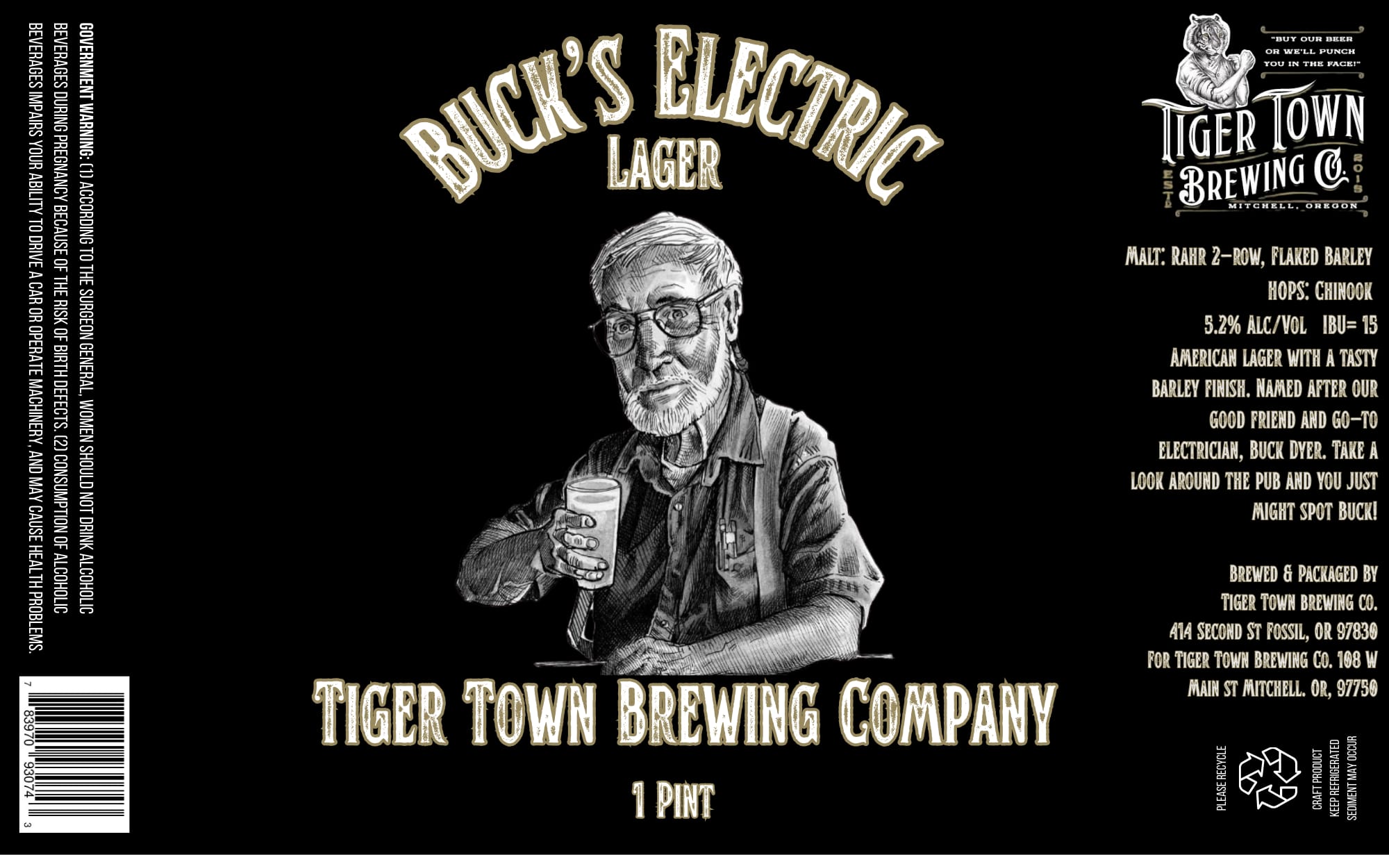 Buck’s Electric Lager by Tiger Town Brewing Co. - beer label