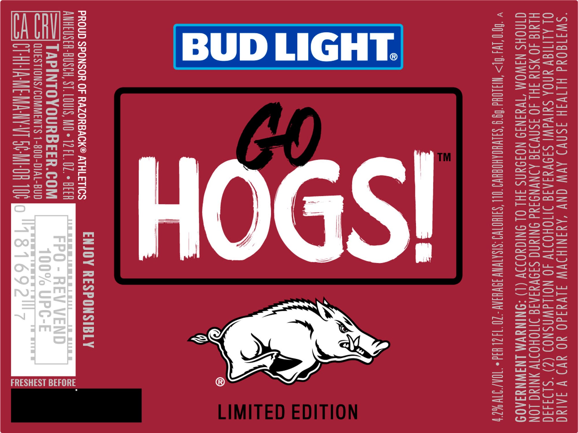 Bud Light Go Hogs! by Anheuser-Busch - beer label