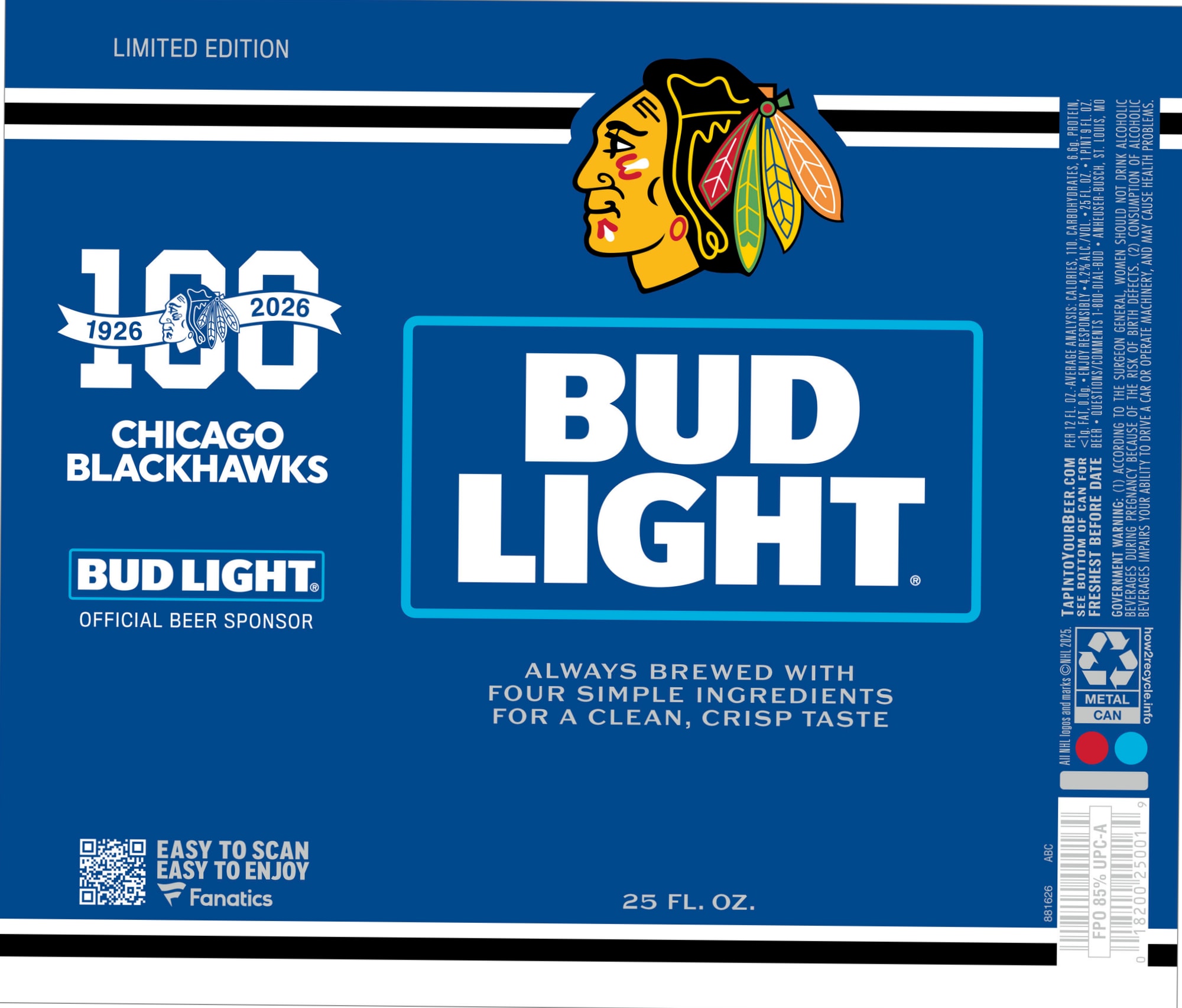 Bud Light Blackhawks 100 by Anheuser-Busch - beer label