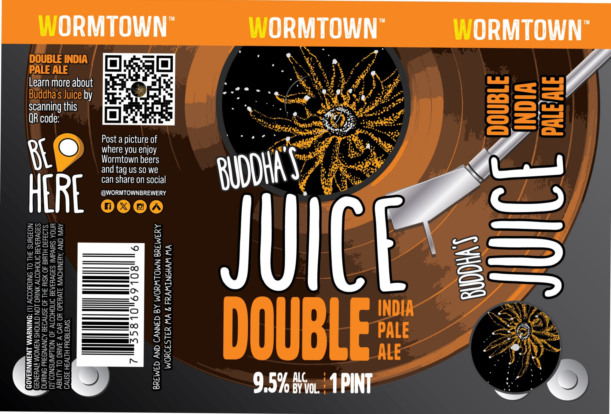 Buddha's Juice Double India Pale Ale by Wormtown Brewery - beer label