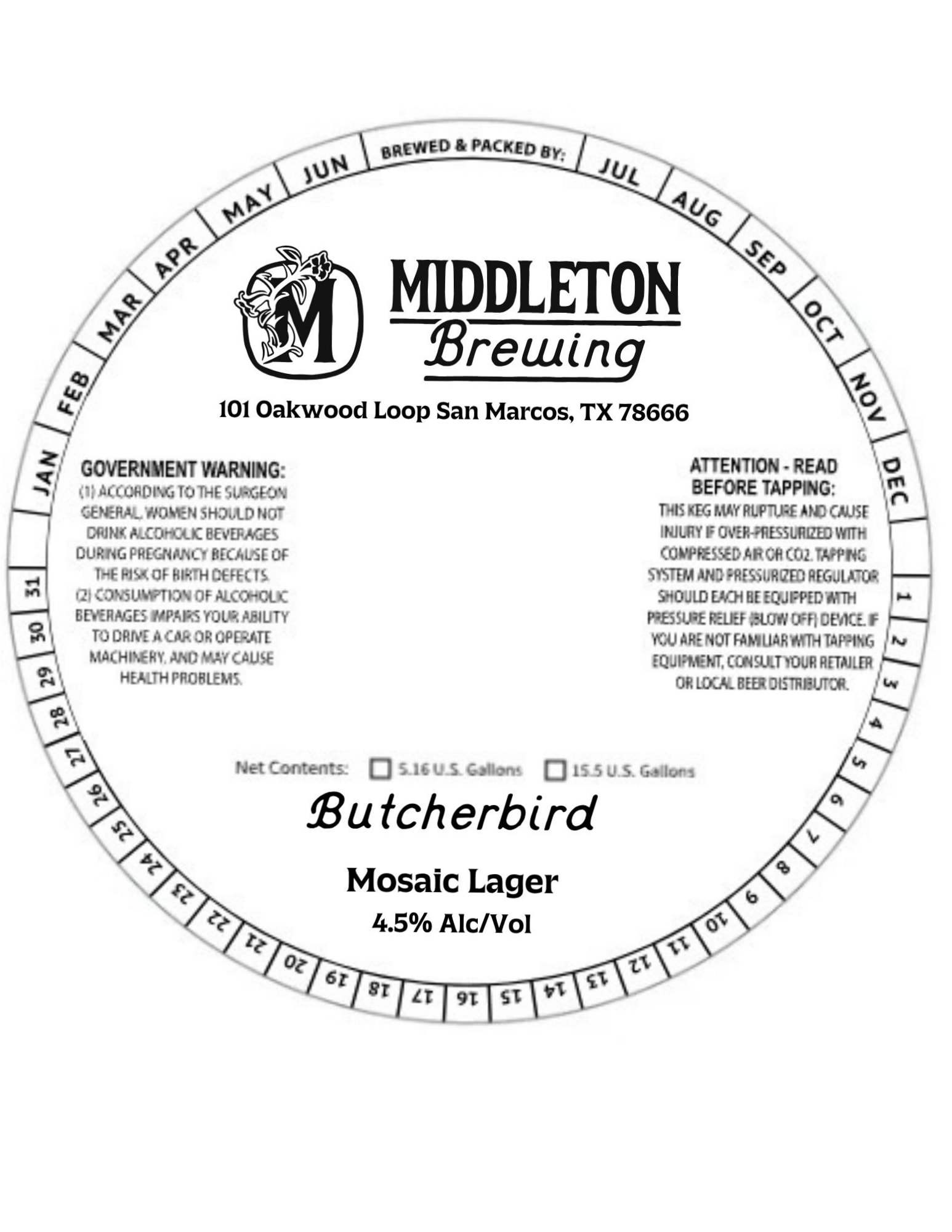 Butcherbird Mosaic Lager by Middleton Brewing - beer label