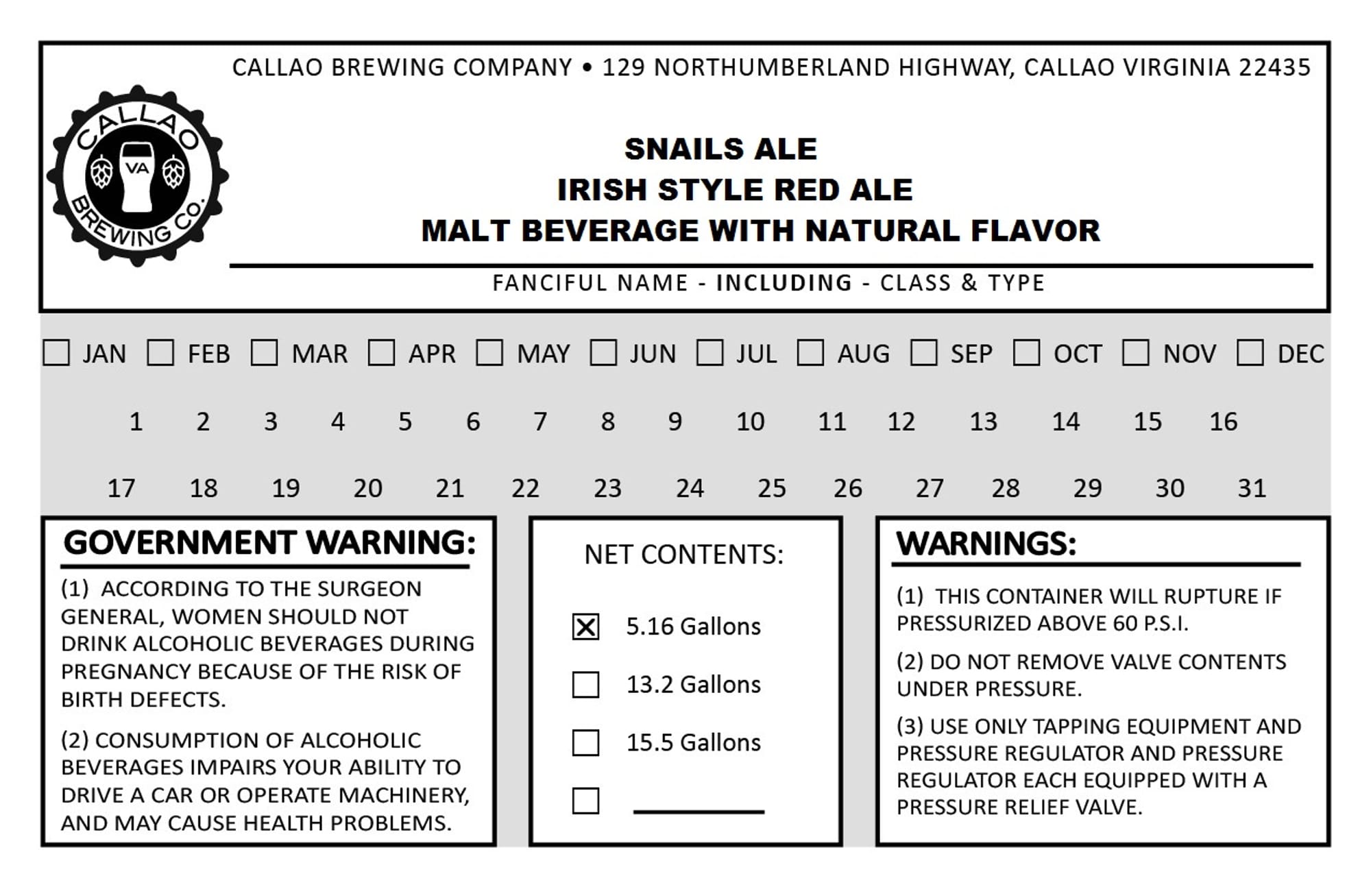 Snails Ale by Callao Brewing Company - beer label