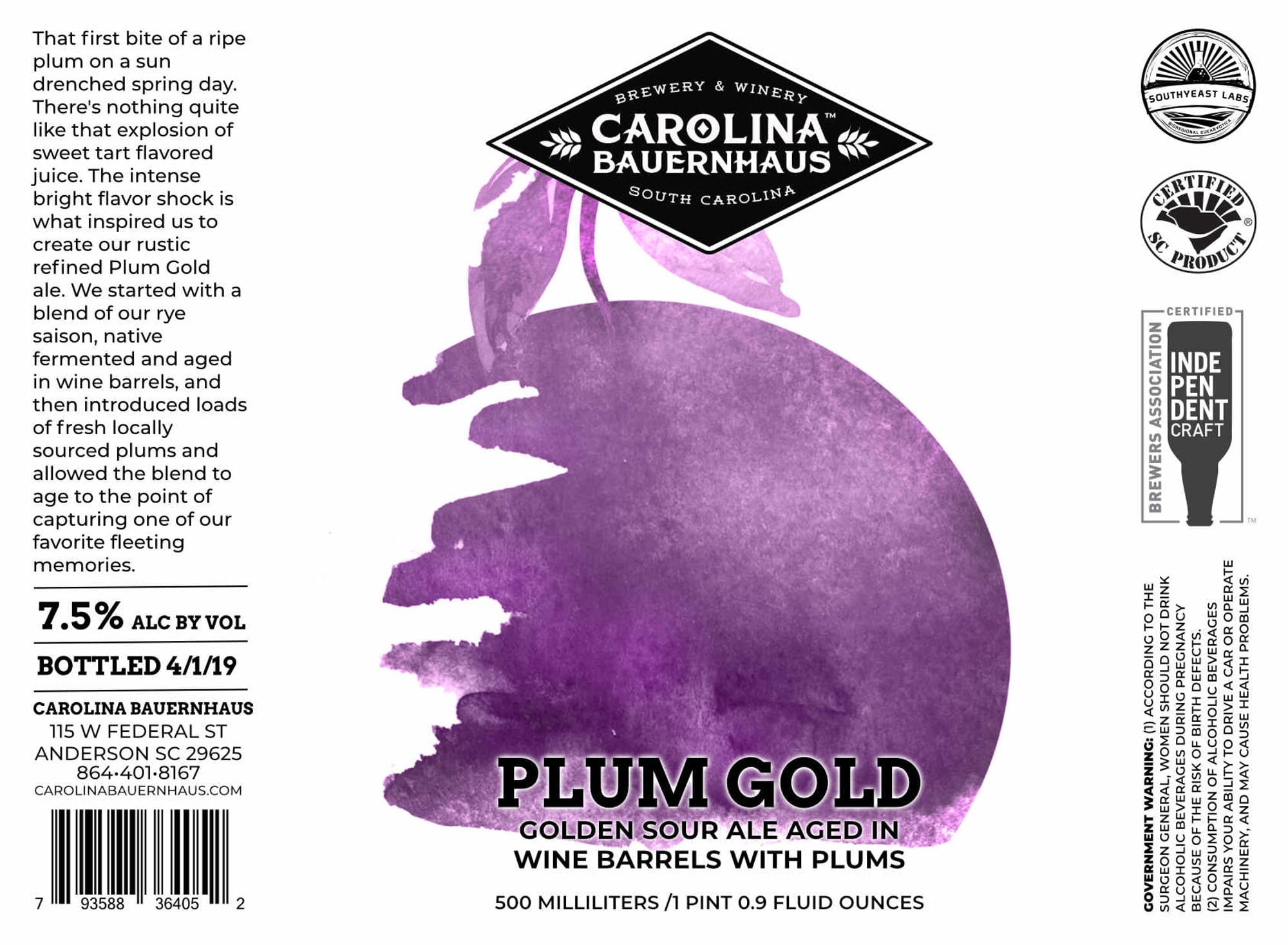 Plum Gold by Carolina Bauernhaus - beer label