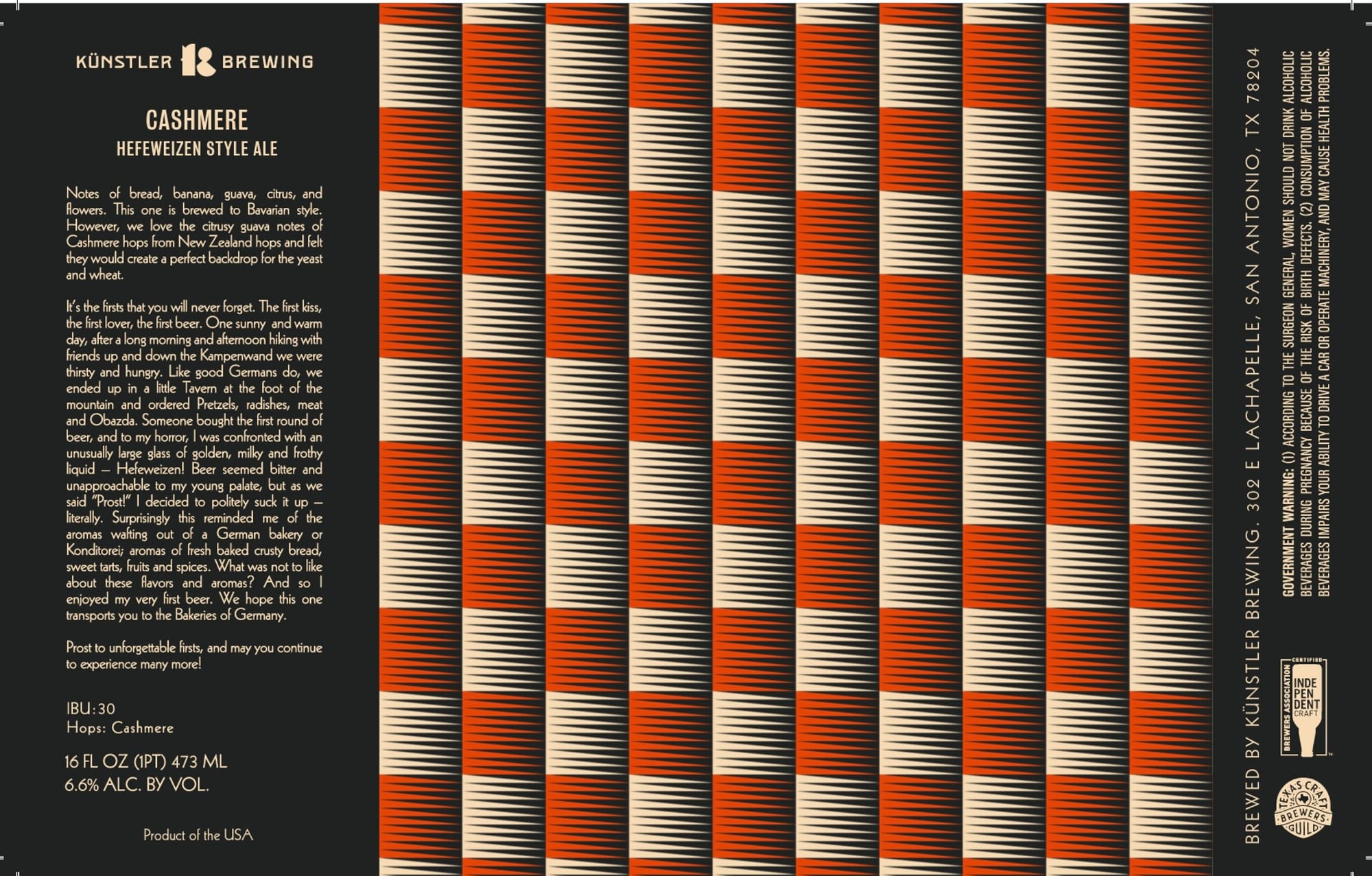 Cashmere Hefeweizen Ale by Künstler Brewing - beer label