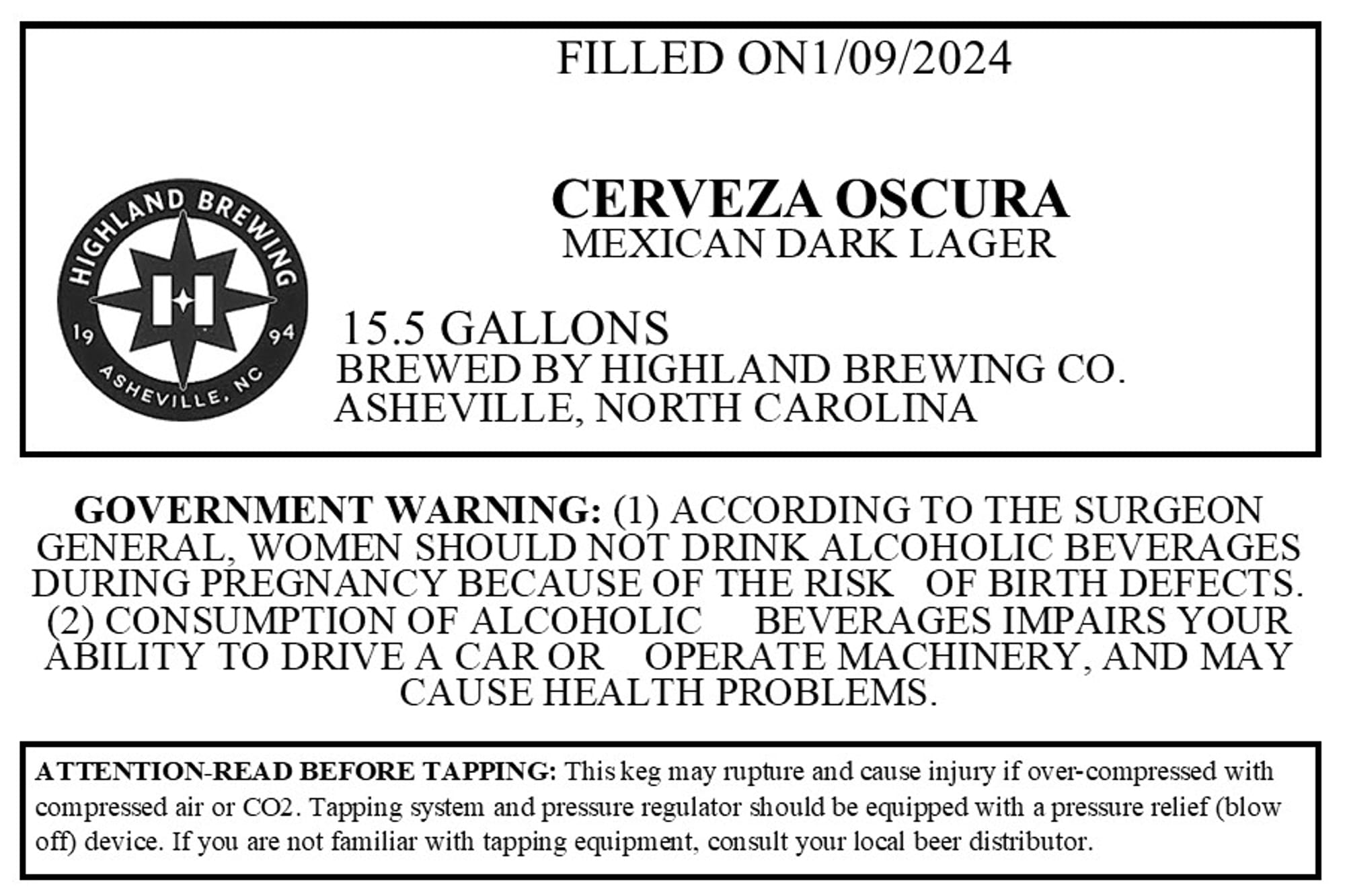CerVeza Oscura by Highland Brewing Co. - beer label