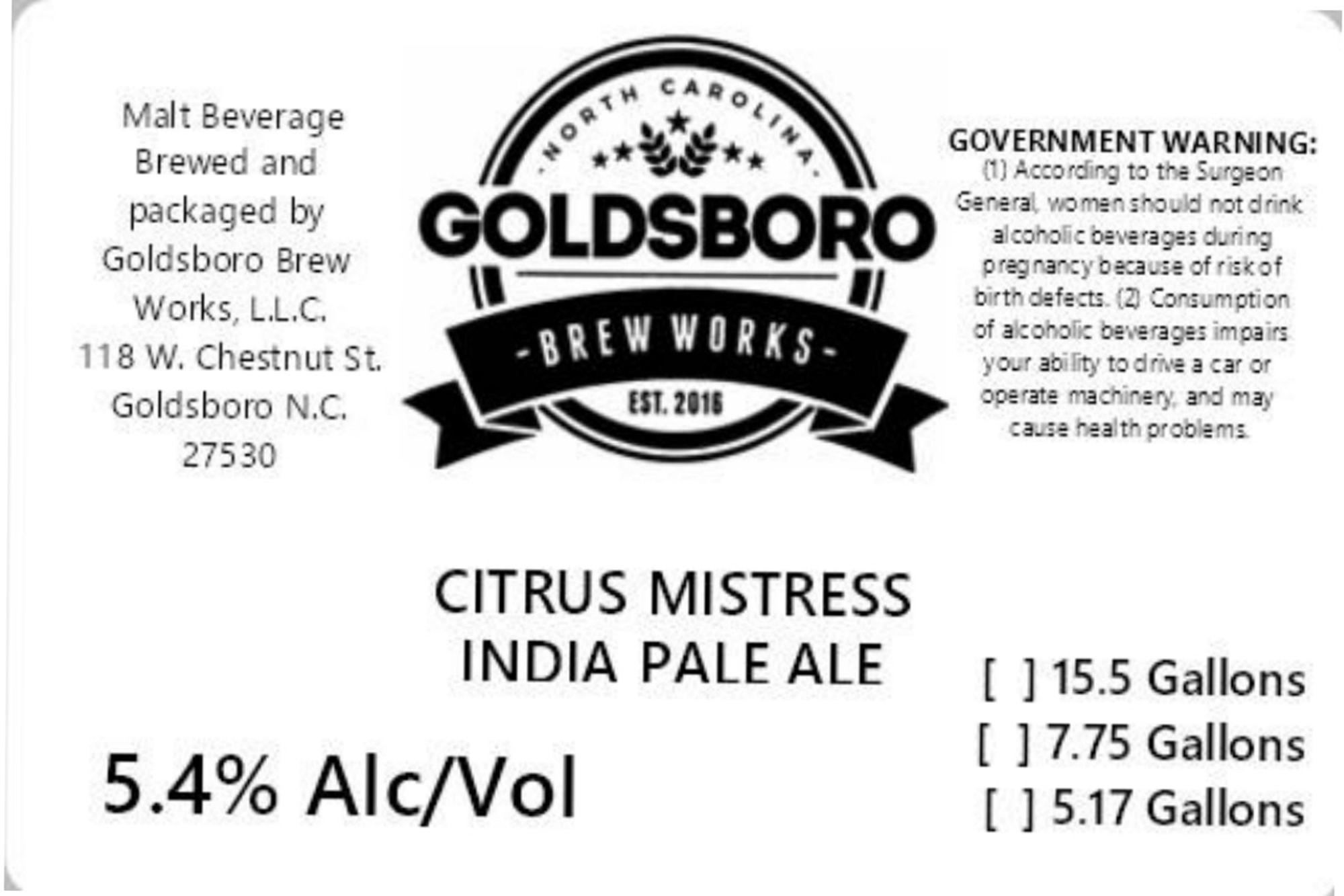 Citrus Mistress by Goldsboro Brew Works - beer label
