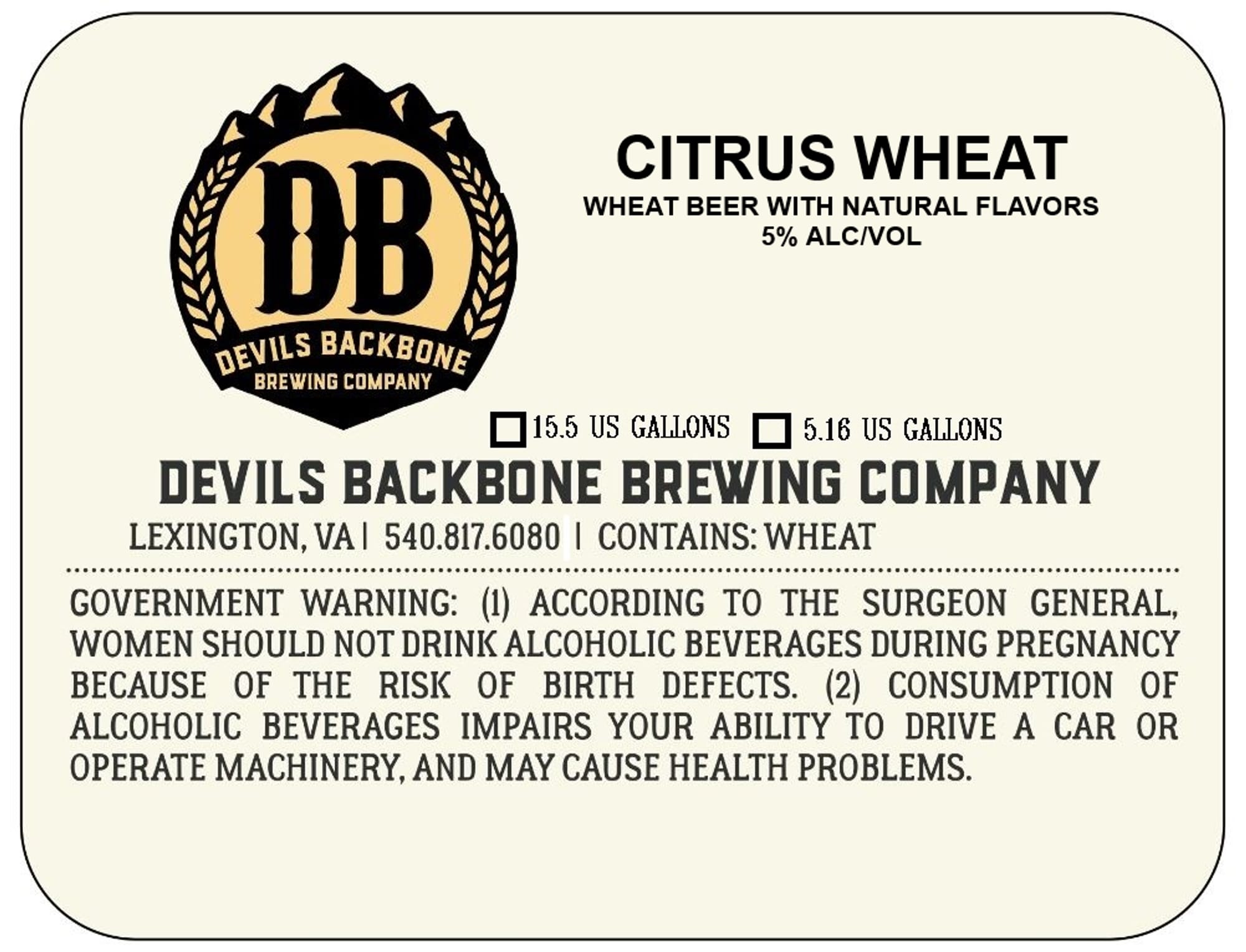 Citrus Wheat by Devils Backbone Brewing Company - beer label