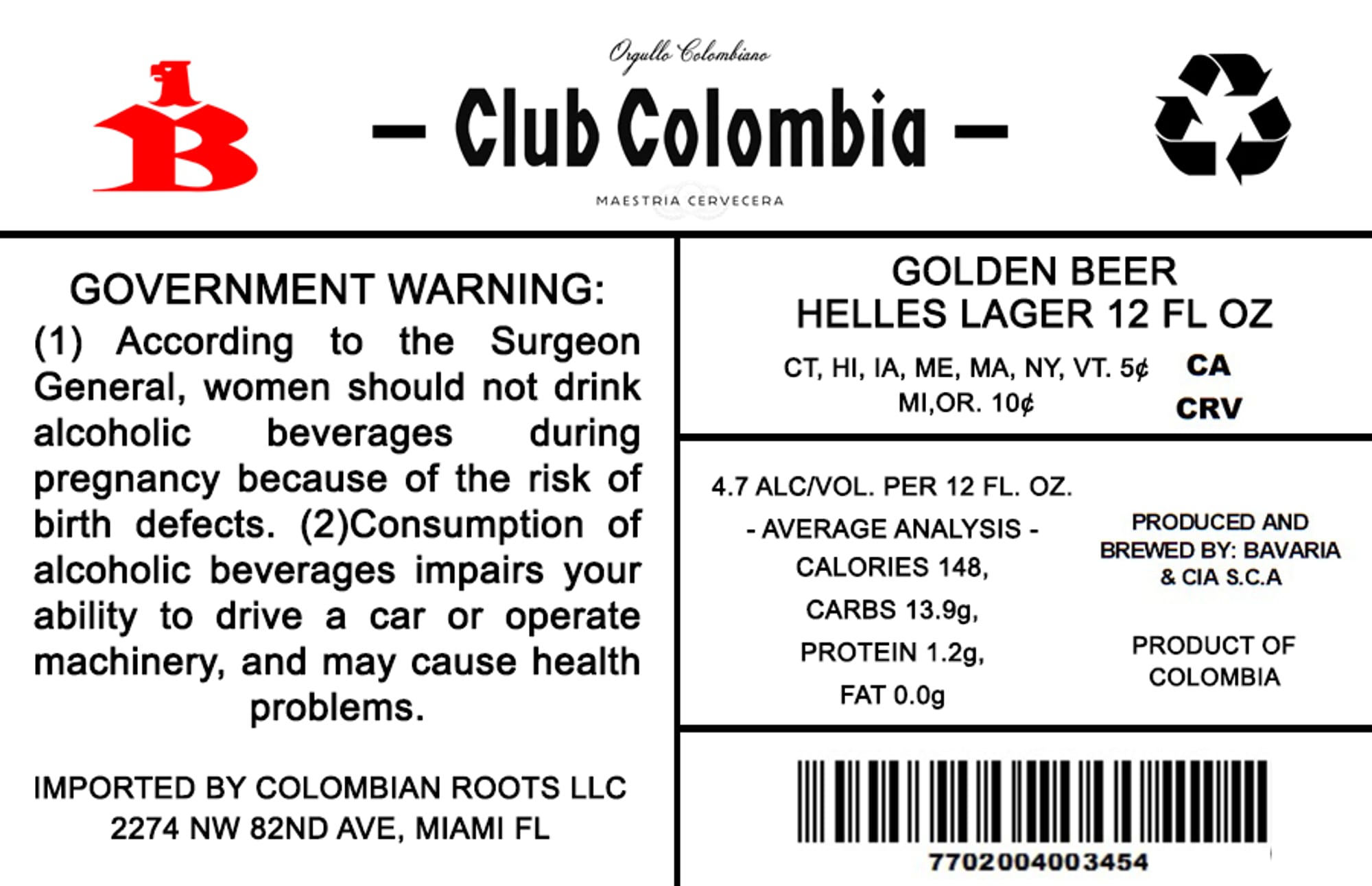 Club Colombia Golden Beer by Bavaria & Cia S.C.A - beer label