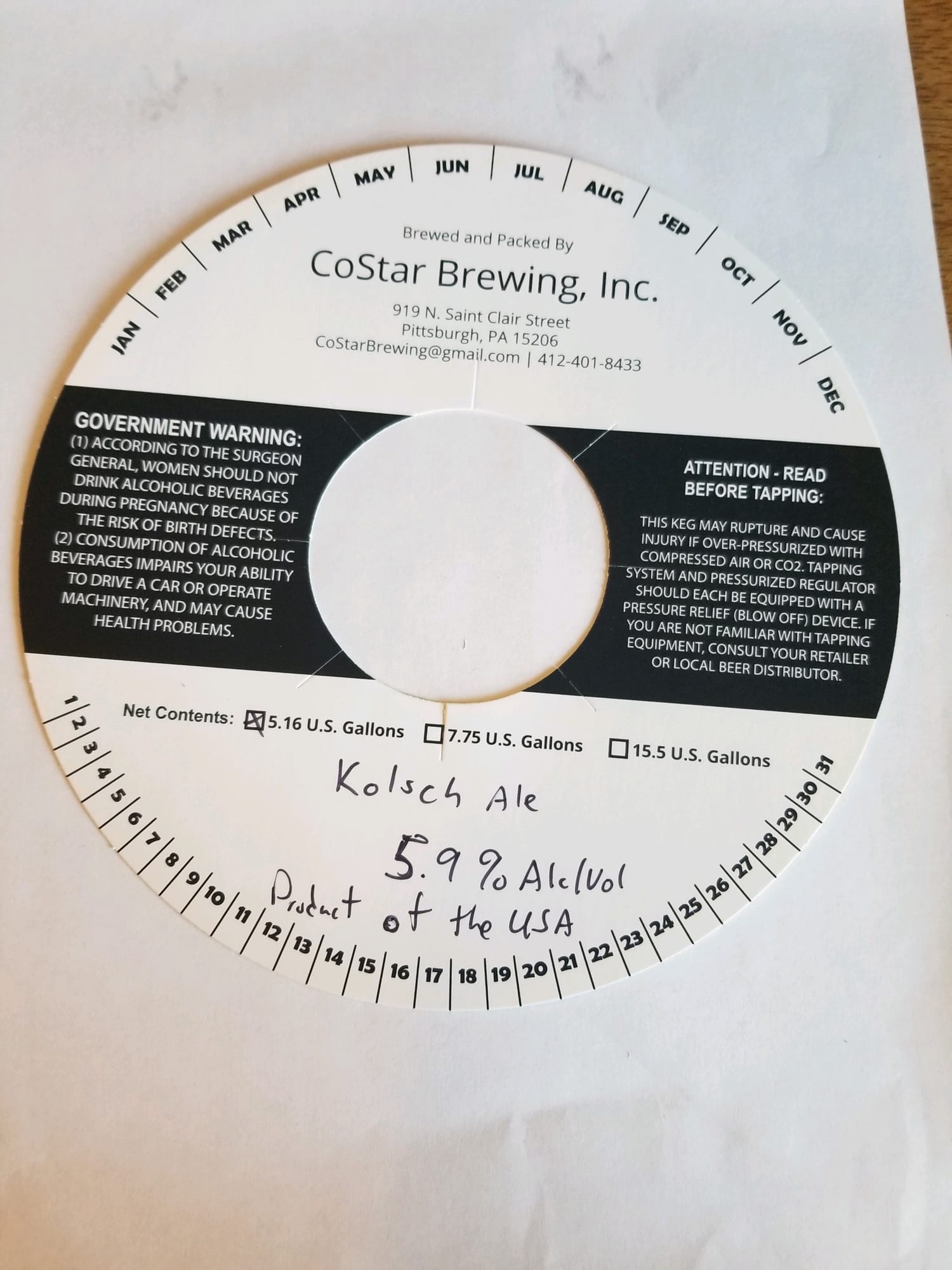 Kolsch Ale by CoStar Brewing, Inc. - beer label