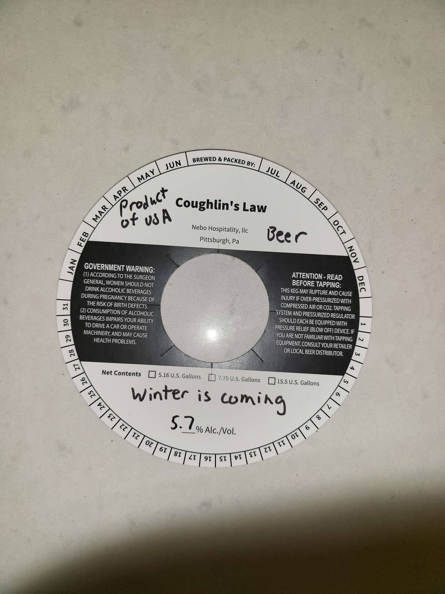 Coughlin's Law Beer by Nebo Hospitality, llc - beer label