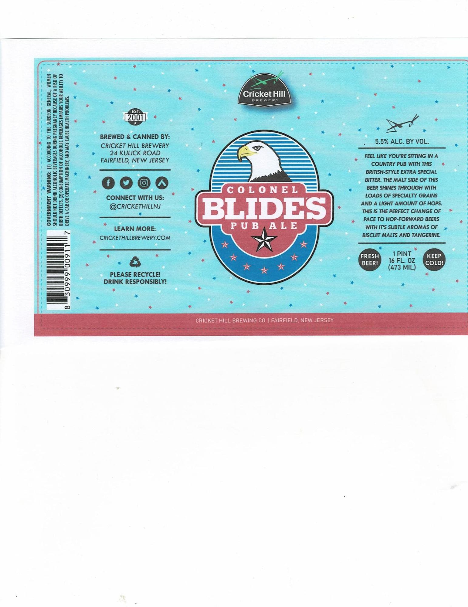 Colonel Blides Pub Ale by Cricket Hill Brewery - beer label