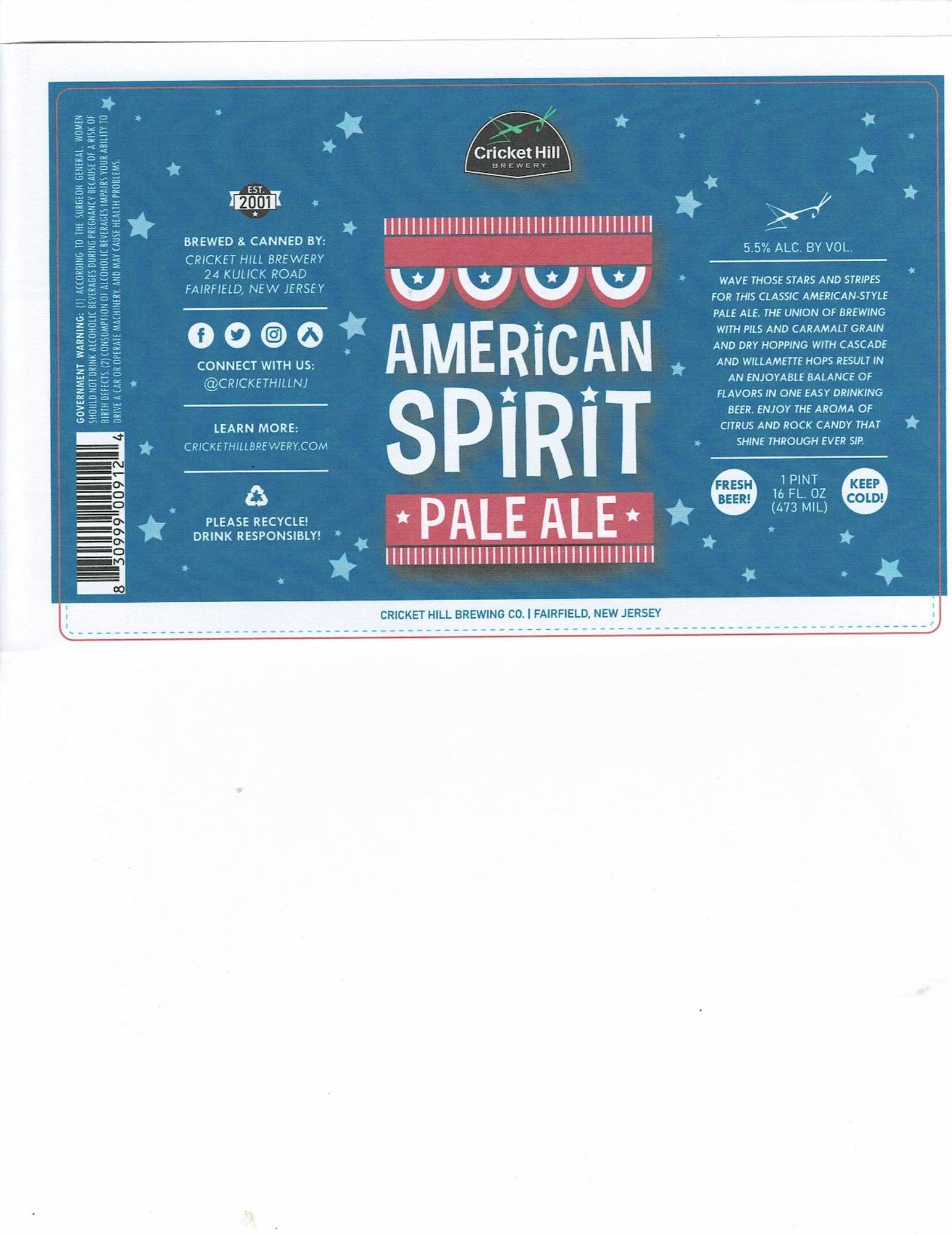 American Spirit Pale Ale by Cricket Hill Brewery - beer label