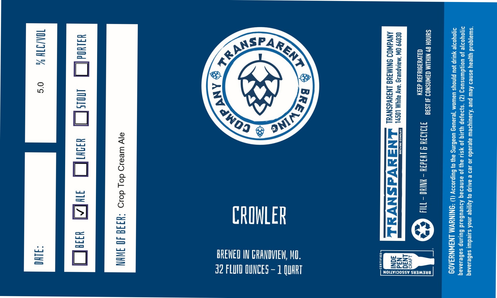 Crowler by Transparent Brewing Company - beer label