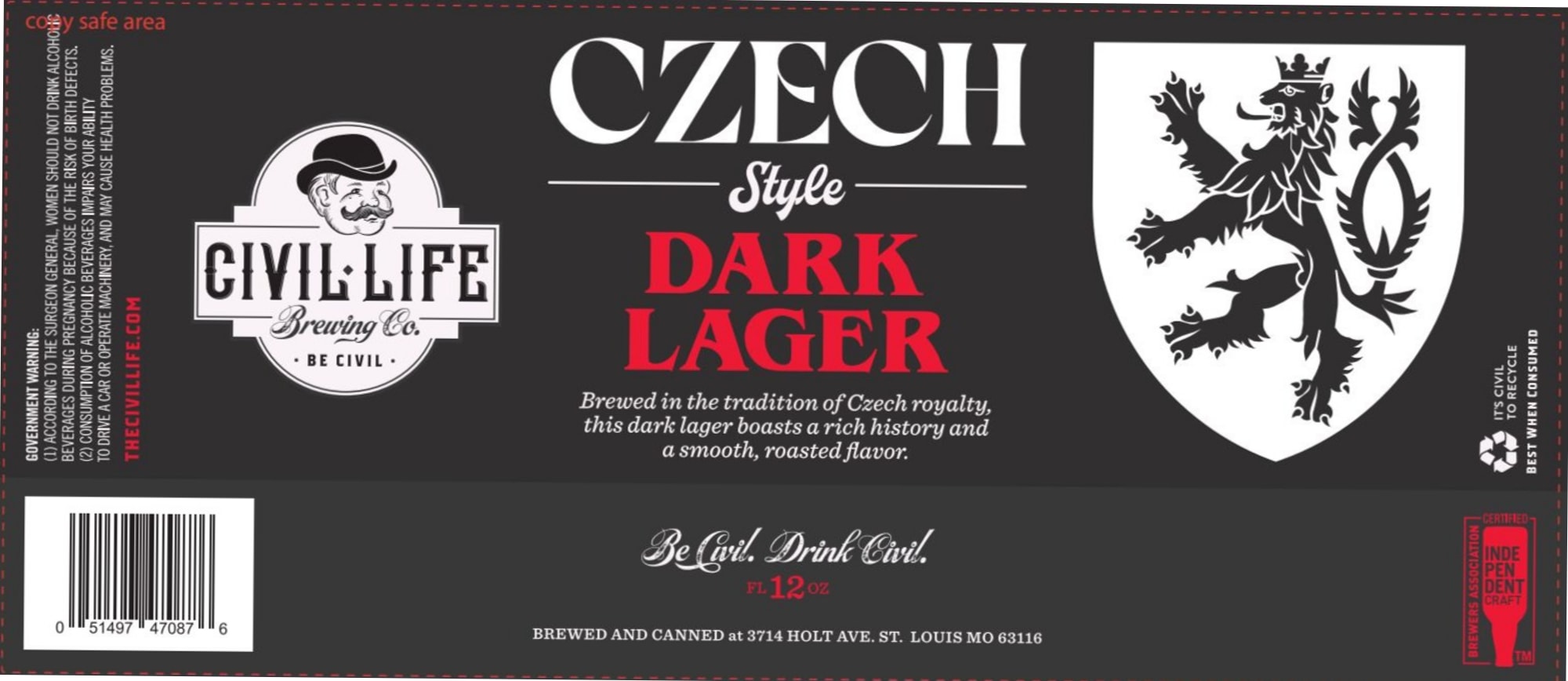 Czech Style Dark Lager by Civil Life Brewing Co. - beer label