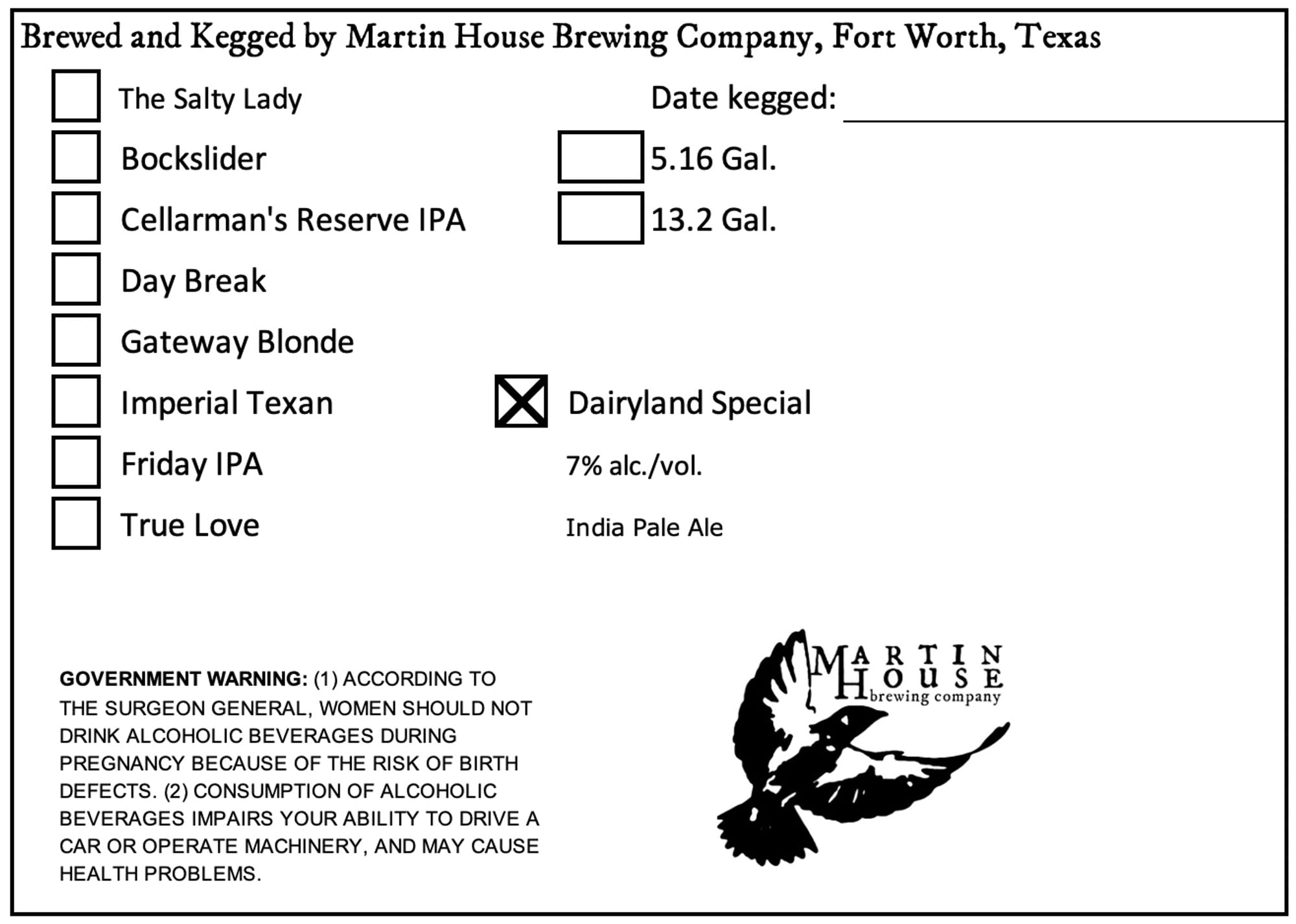Dairyland Special by Martin House Brewing Company - beer label