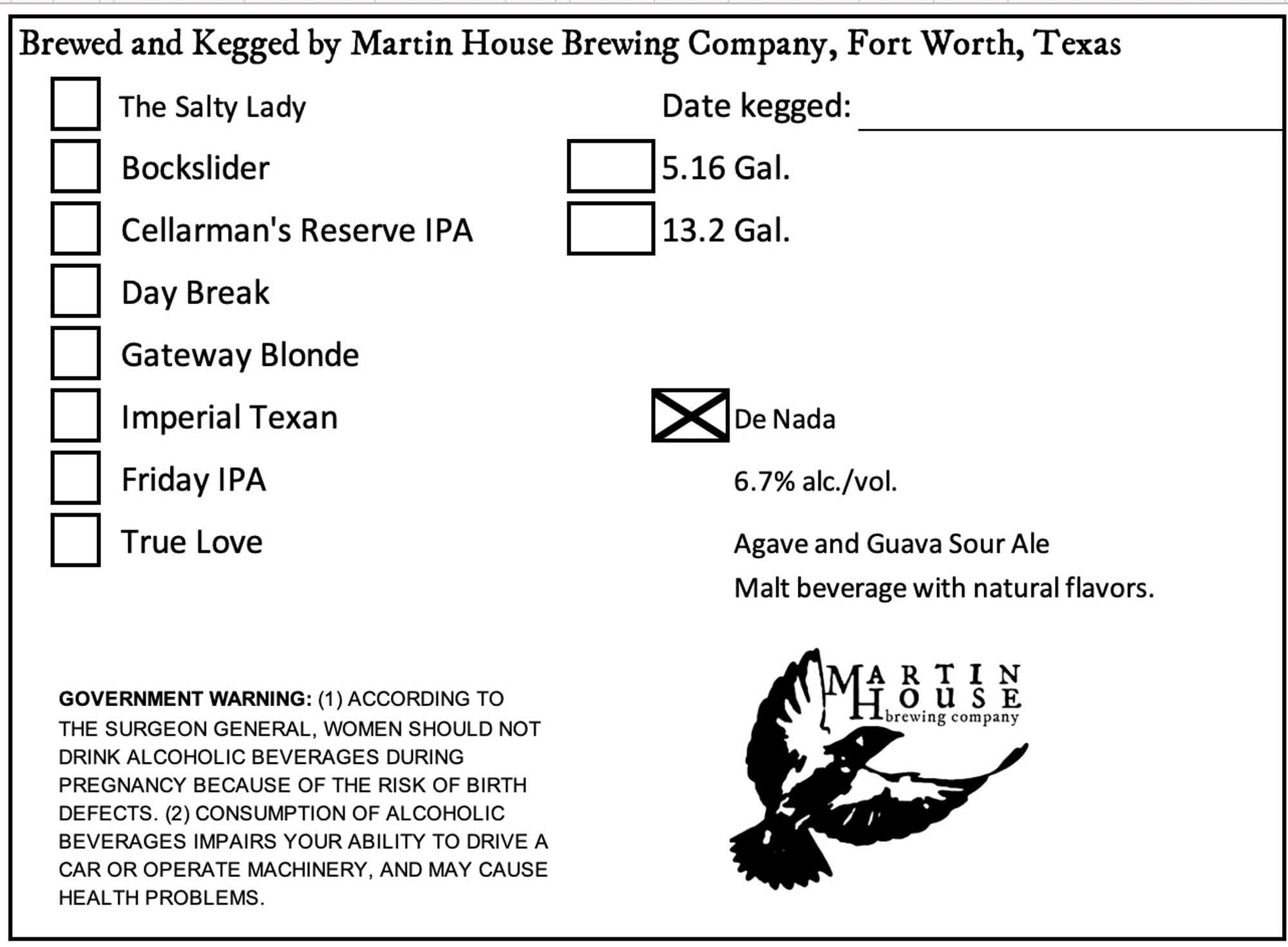 De Nada by Martin House Brewing Company - beer label