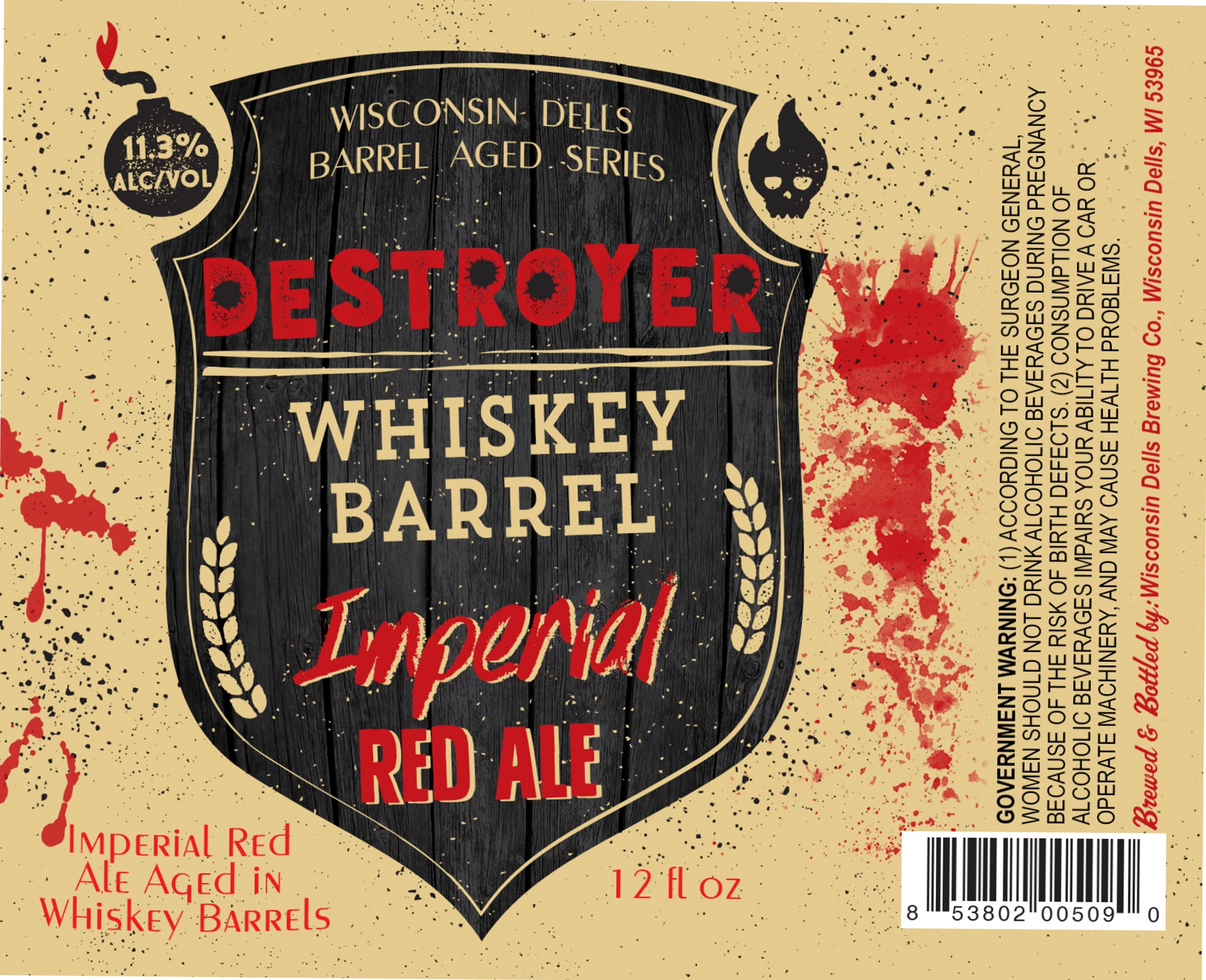 Destroyer Whiskey Barrel Imperial Red Ale by Wisconsin Dells Brewery - beer label